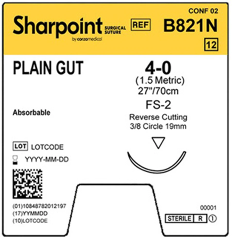 Sharpoint Plain Gut Absorbable Suture, 4-0, 27" (70cm), FS-2 Reverse Cutting 3/8 Circle Needle 19mm, Natural, 12/Box