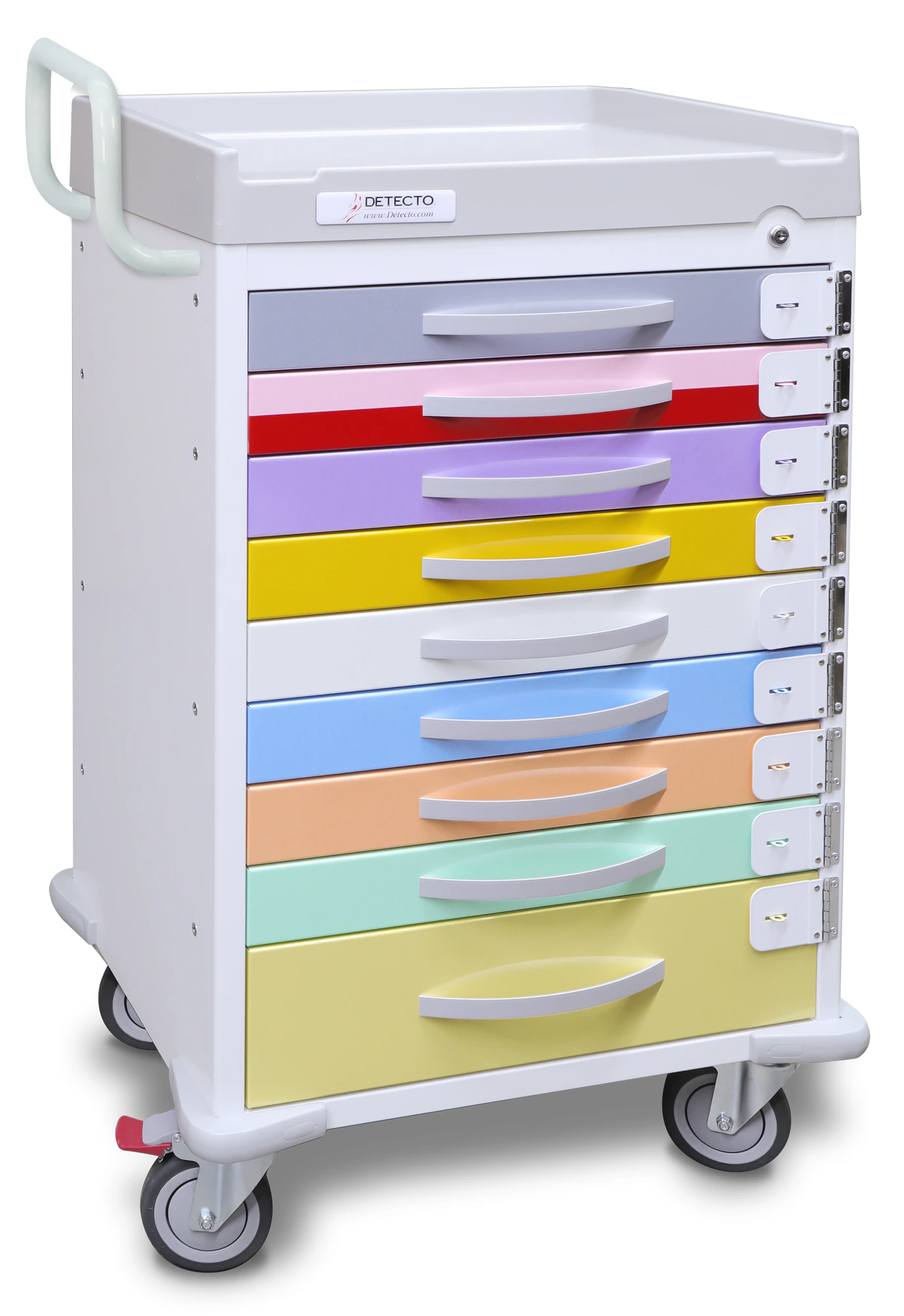 Detecto Rescue Pediatric Cart with 2 Parking Locks, 1 Steering Lock, (8) 3" Drawers and (1) 6" Drawer, Breakaway Lock