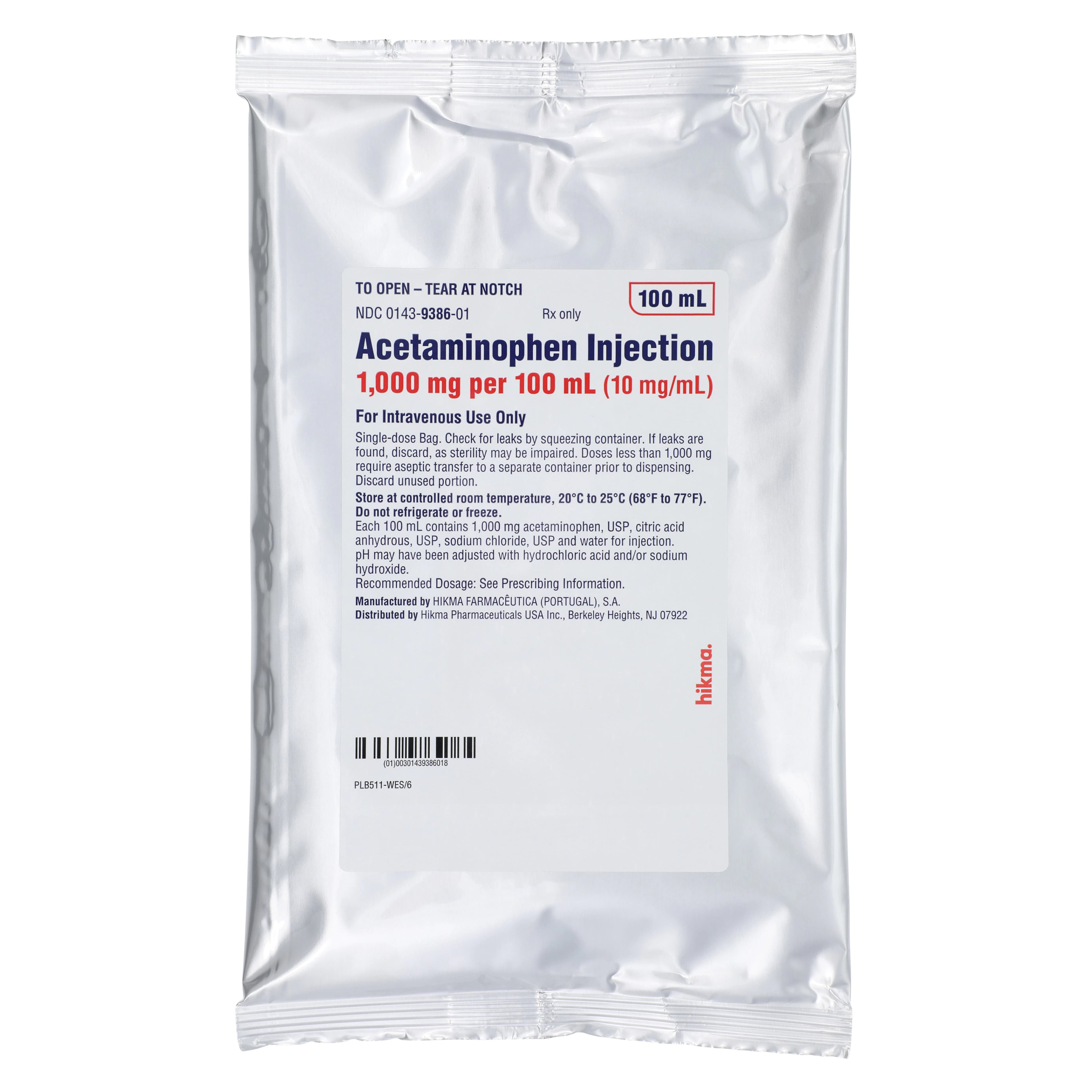 Acetaminophen Injection 10 mg/mL, 100 mL IV Bag, 10/Package, Hikma Pharmaceuticals