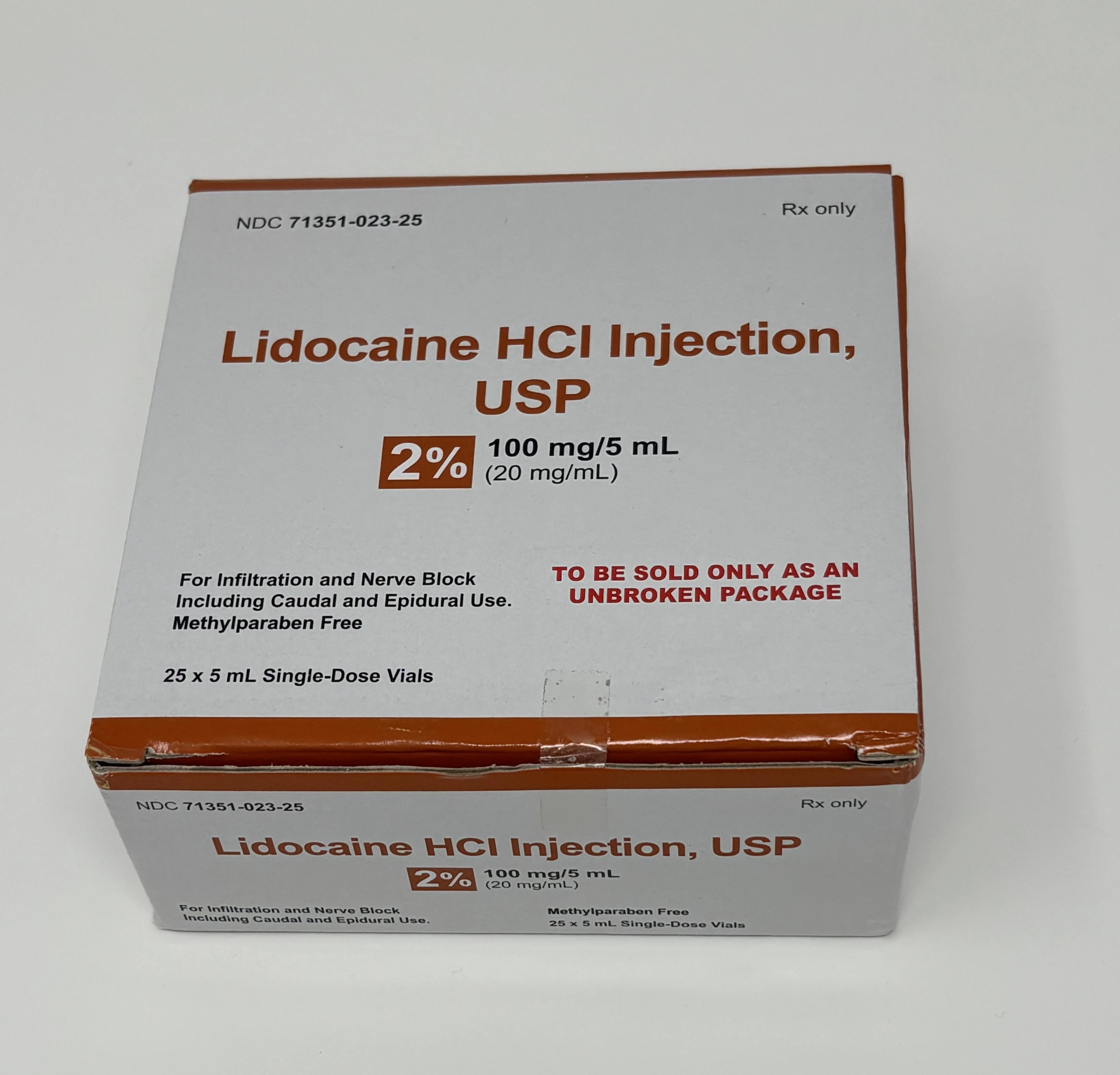 Lidocaine HCl Injection 2% Single-Dose Vial, Preservative-Free, 5 mL, 25/Package