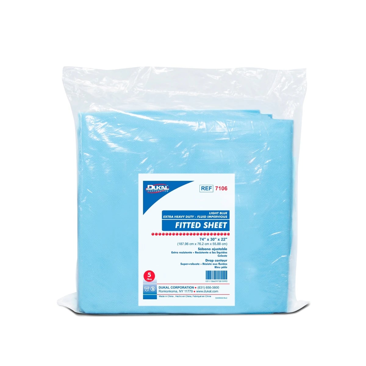 Dukal Fitted Sheet, Extra Heavy Duty, Fluid-Resistant, Non-Sterile, 74 in x 30 in x 22 in, Light Blue, 50/Case