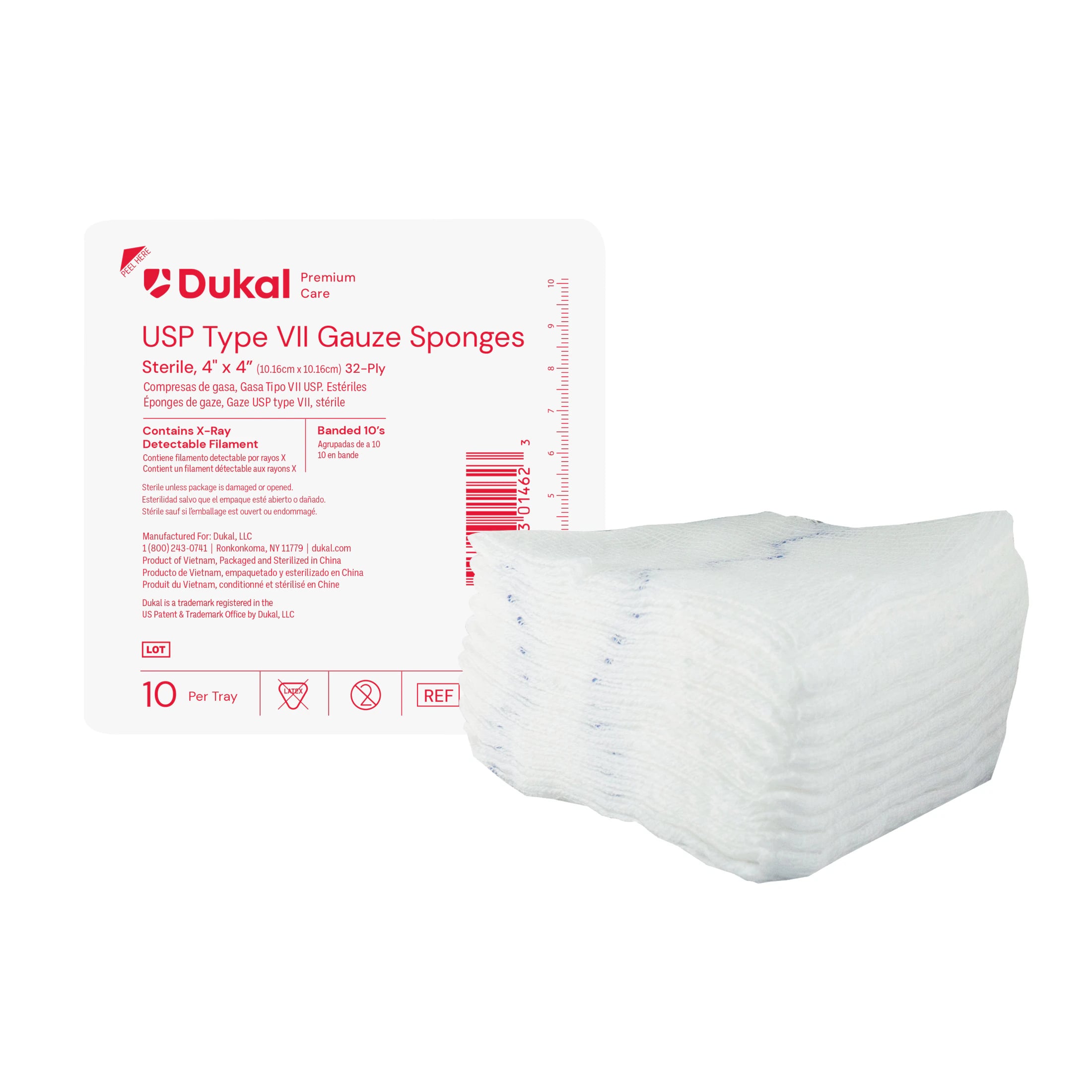 Dukal 100% Woven Cotton Gauze Sponge, 4x4", 32 Ply, Sterile, Square, X-Ray Detectable, USP Type VII, Latex-Free