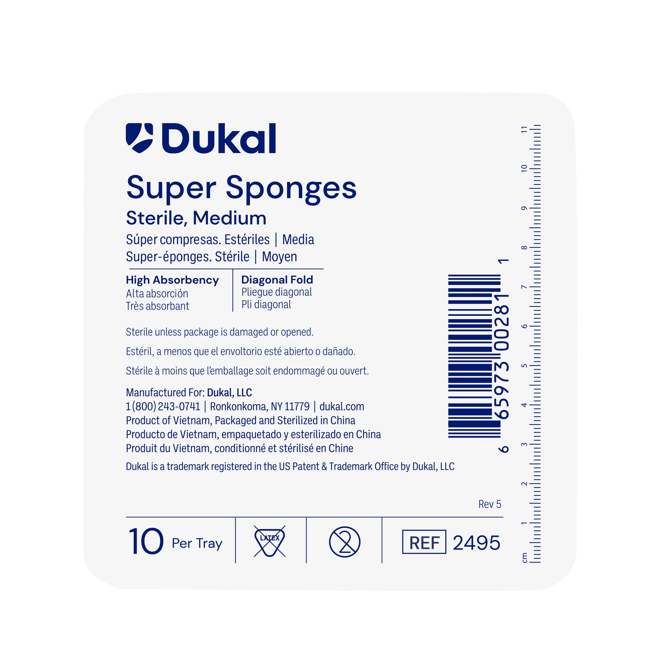 Dukal Super Sponge 100% Cotton Gauze Sponge, 6 x 6-3/4", 32 Ply, Sterile, Medium Washed, Latex-Free