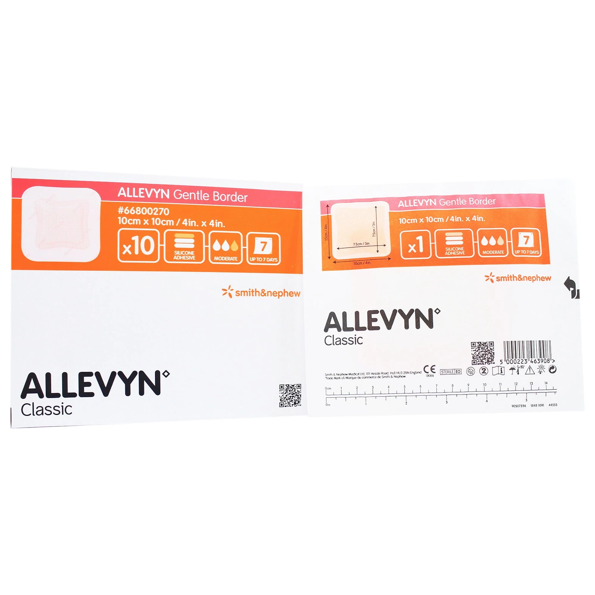 Allevyn Gentle Border Foam Dressing, 4x4" (10x10 cm), Square, Adhesive, Box of 10, Smith & Nephew