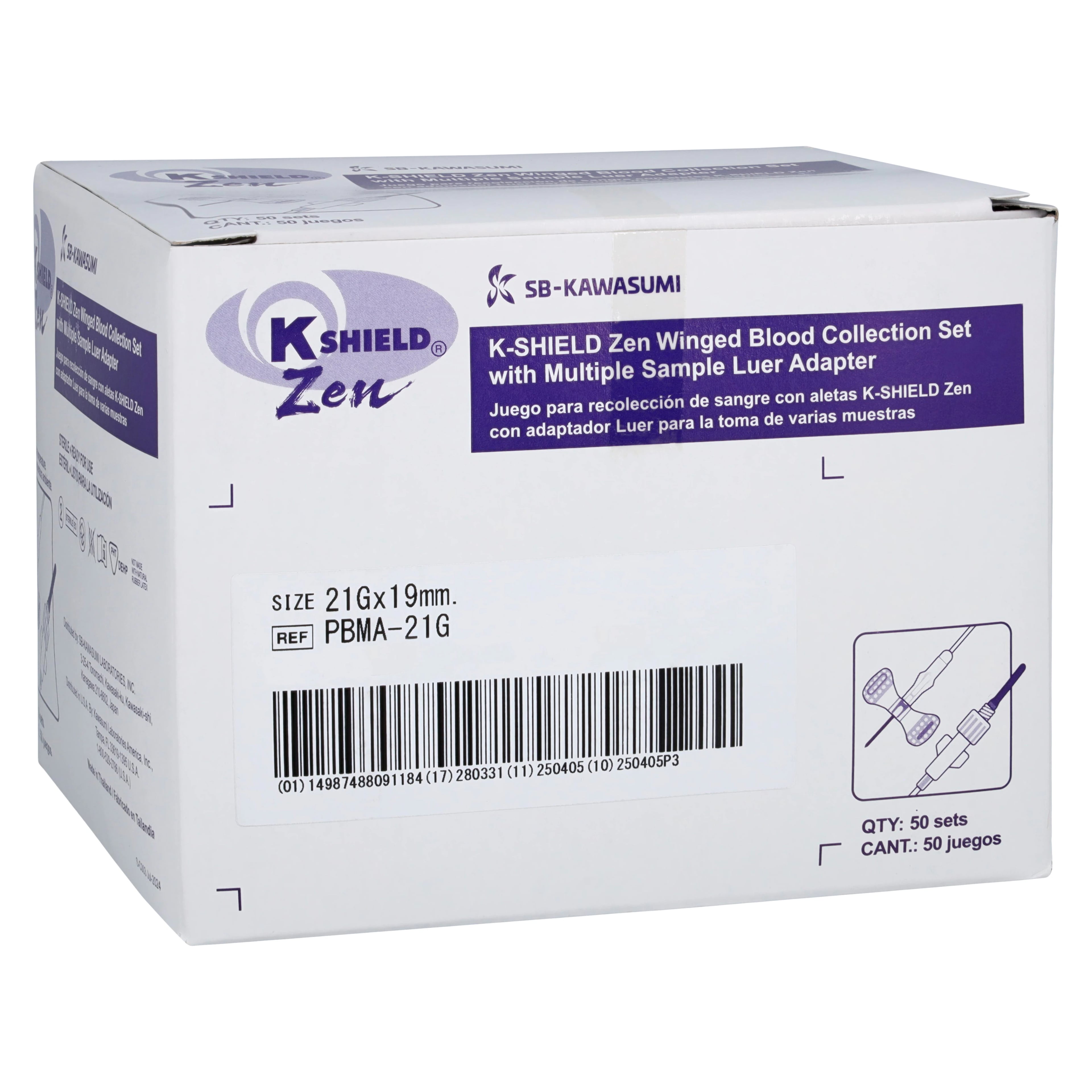 Kawasumi K-Shield Zen Blood Collection Set, 21G x 3/4" Winged, 12" Tubing, Safety Multi-Sample, Sterile, Latex-Free, 200/Case