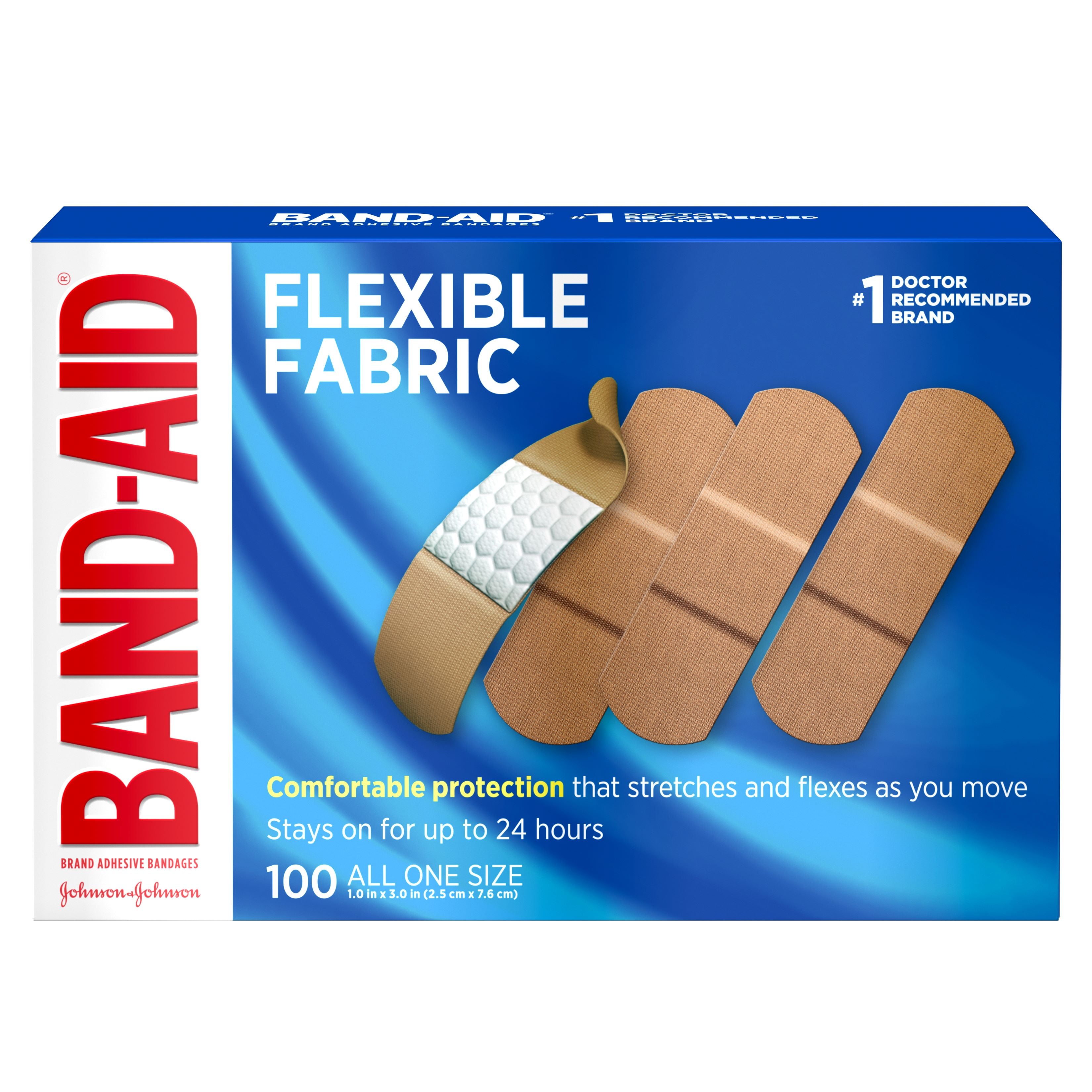 Band-Aid Flexible Fabric Strip, Adhesive Bandage, 1" x 3", Tan, Sterile, 100/Box