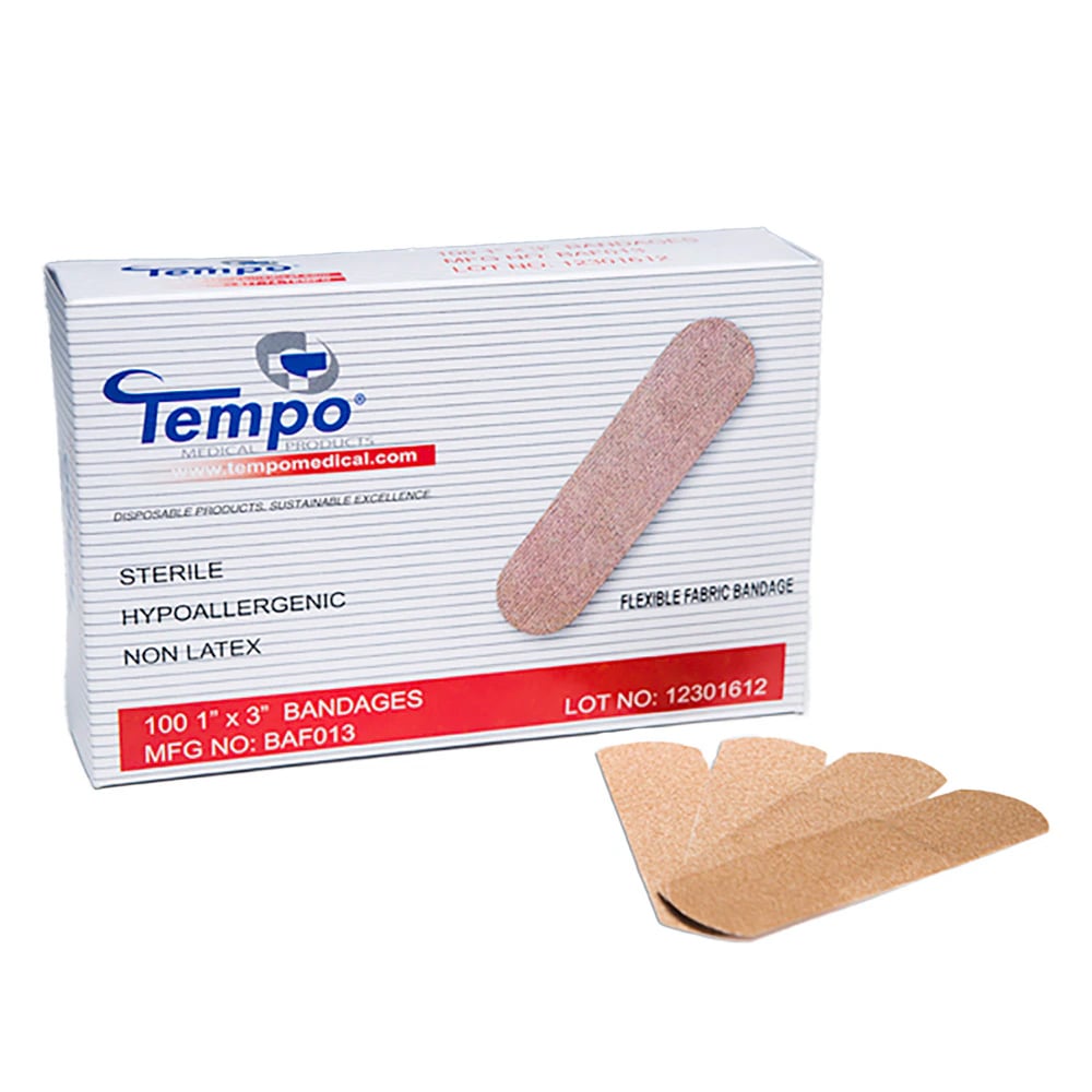 Tempo Medical Products Adhesive Fabric Bandage Strip, 1" x 3", Tan, Sterile, 100/Box