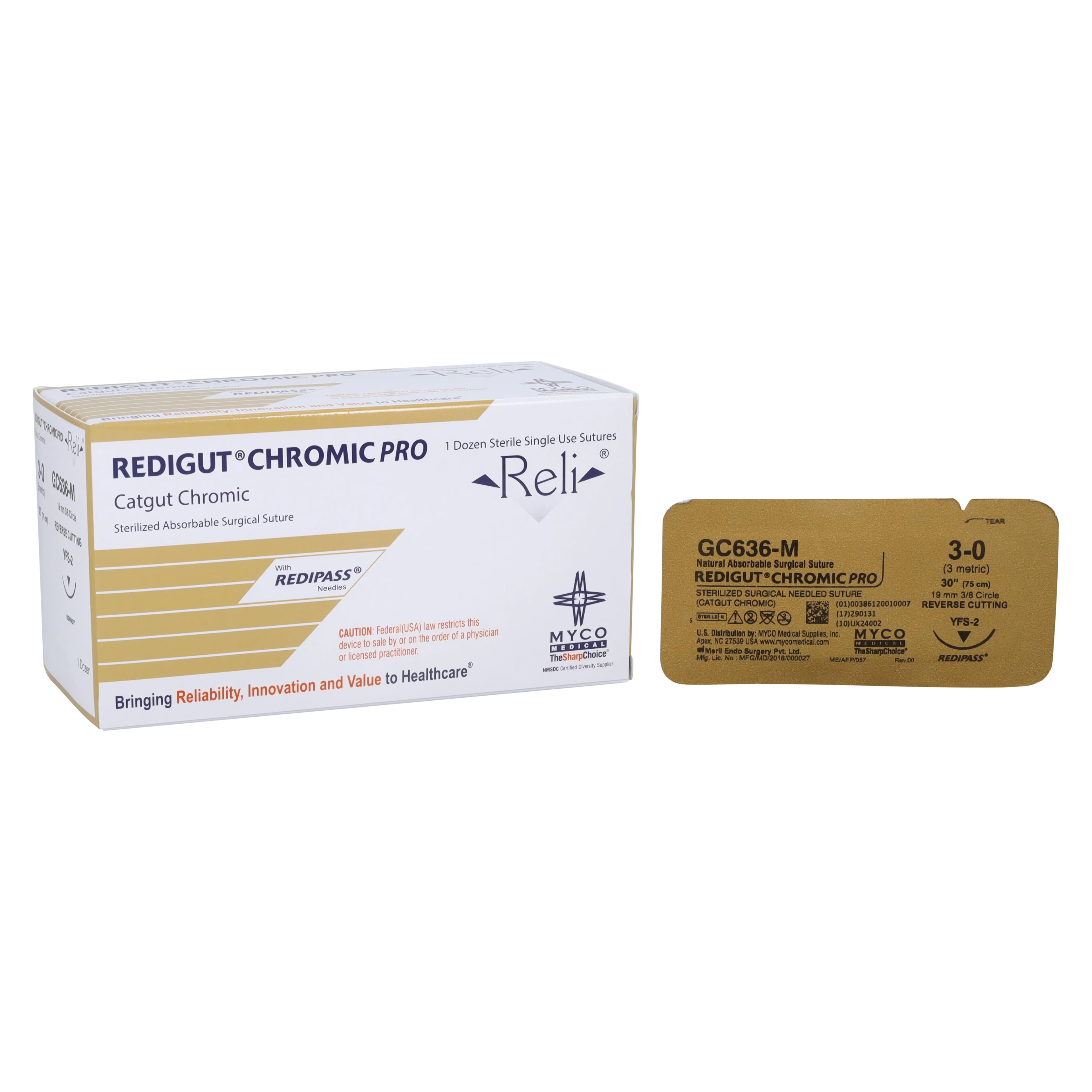 Reli Redigut Chromic Pro Suture 3-0, 30", YFS-2 Reverse Cutting, 3/8 Circle Needle, 24mm, Natural, 12/Box, GC636-M