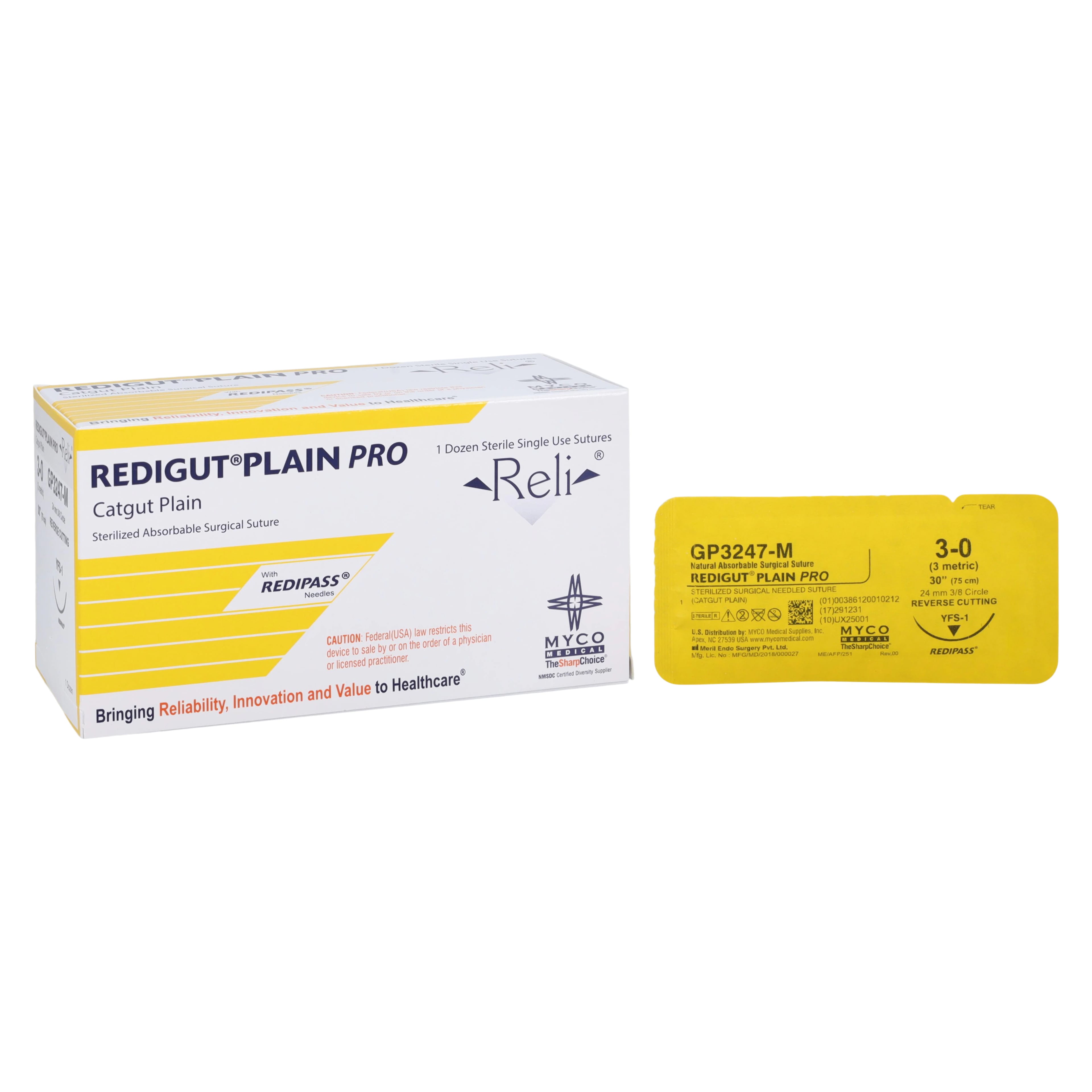 Reli Pro Plain Gut Suture 3-0, 30", YFS-1 Reverse Cutting Needle, 24mm, 3/8 Circle, Undyed, 12/Box