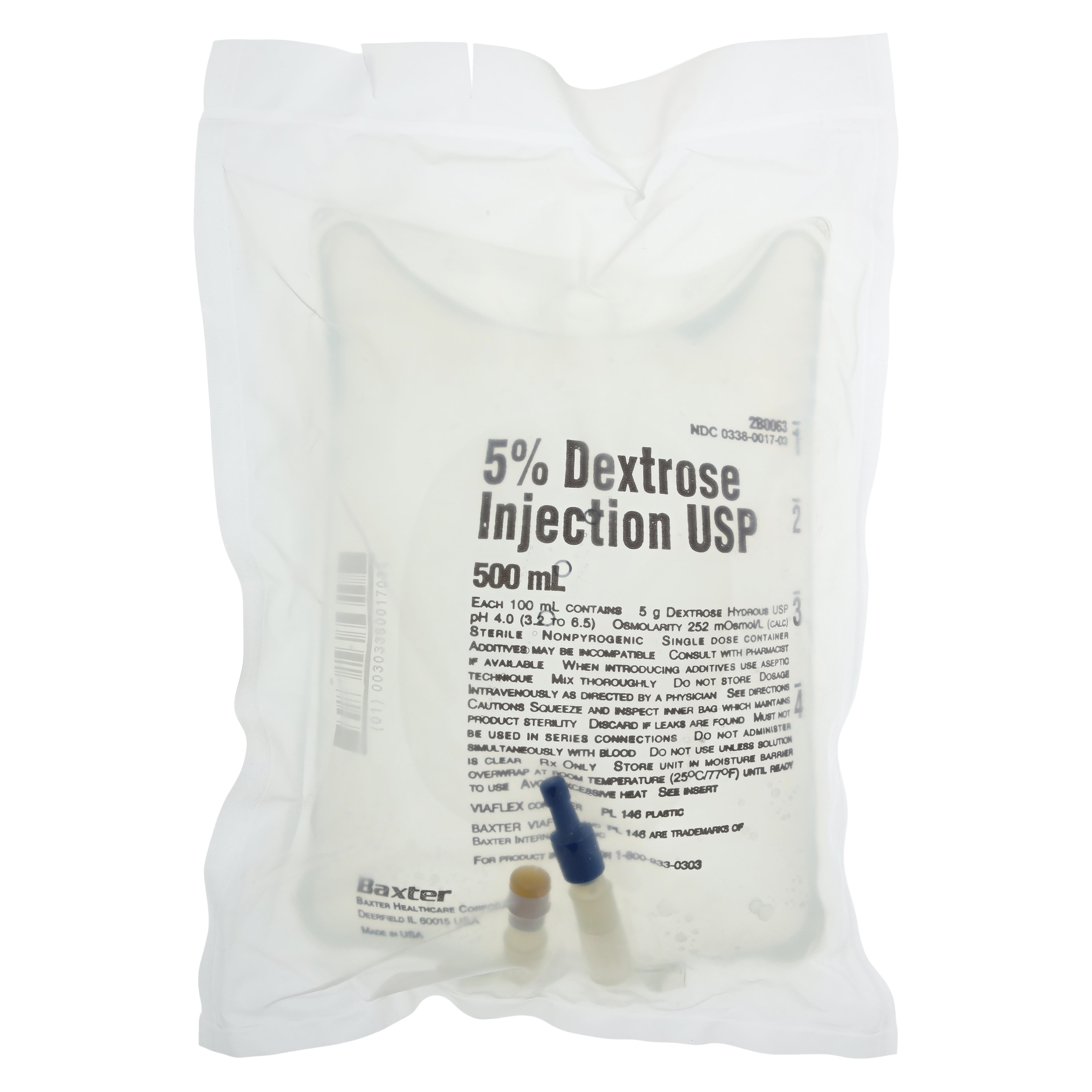 Dextrose 5% in Water (D5W) IV Injection Solution USP, 500 mL Viaflex Bag, Baxter 2B0063Q