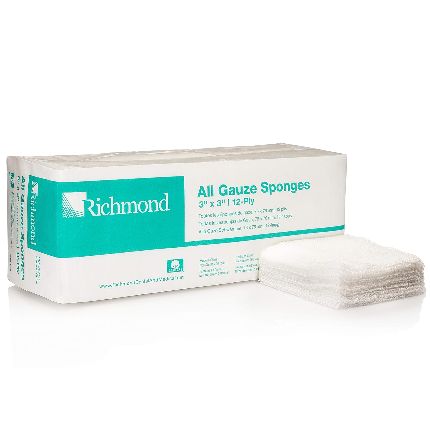 Richmond All Gauze Sponges, 3" x 3", 12-Ply, Non-Sterile, 200/Sleeve, 20 Sleeves/Case (4000/Case), 300421
