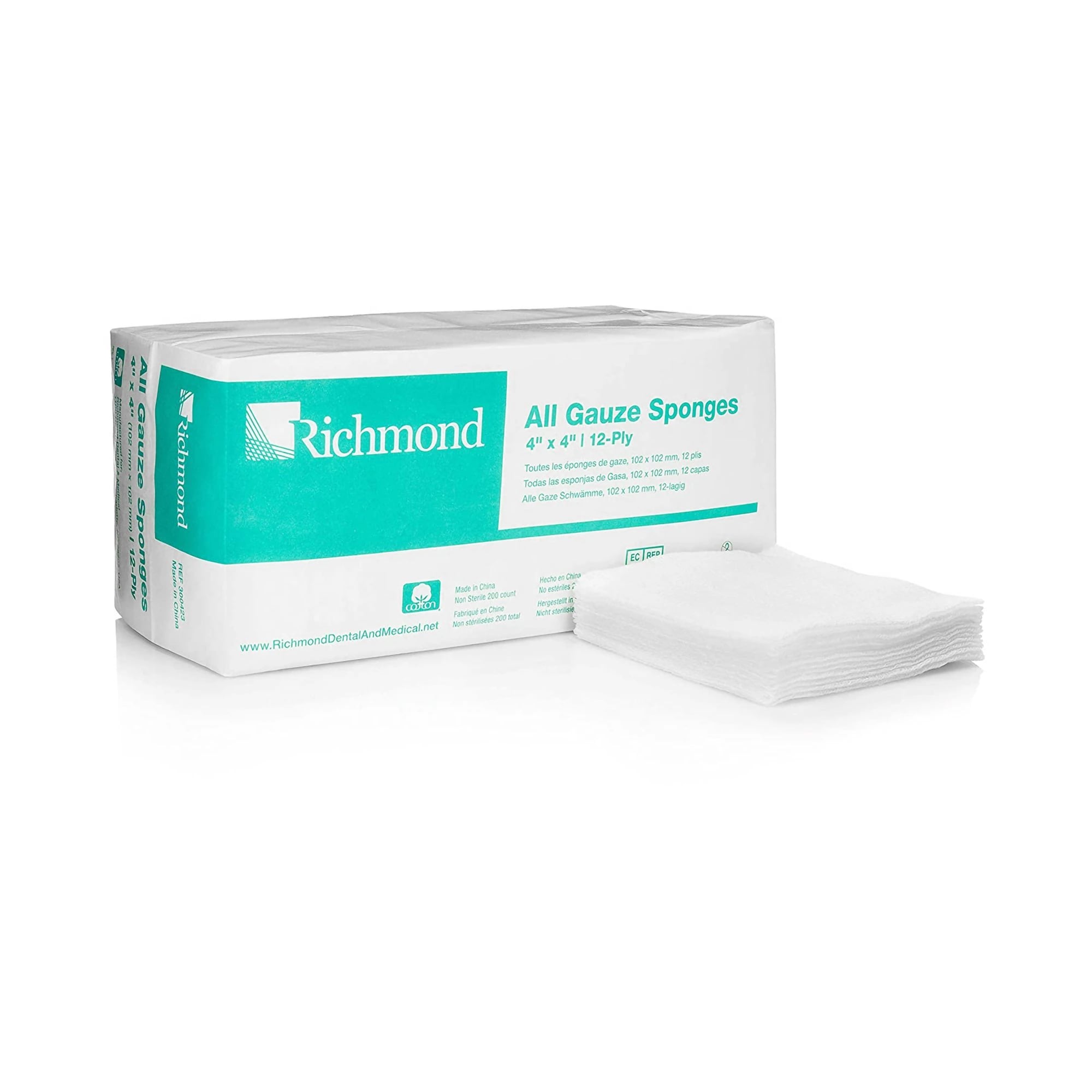 Richmond 4" x 4" 12-Ply All Gauze Non-Sterile Sponges, 2000/Case (10 Sleeves of 200), 300-423