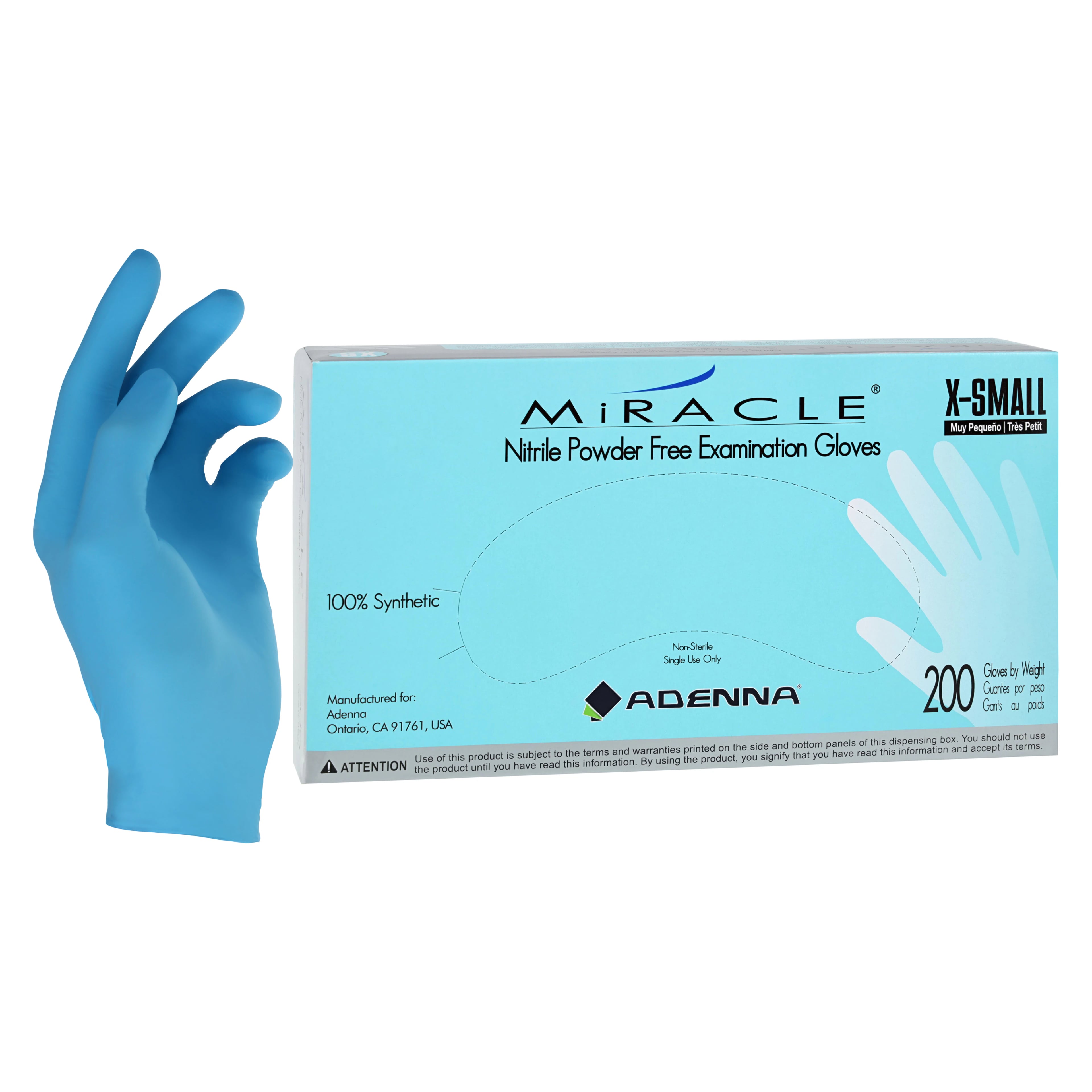 Adenna Miracle Nitrile Exam Gloves, Powder-Free, Non-Sterile, Extra Small, Blue, 200/Box, MIR160