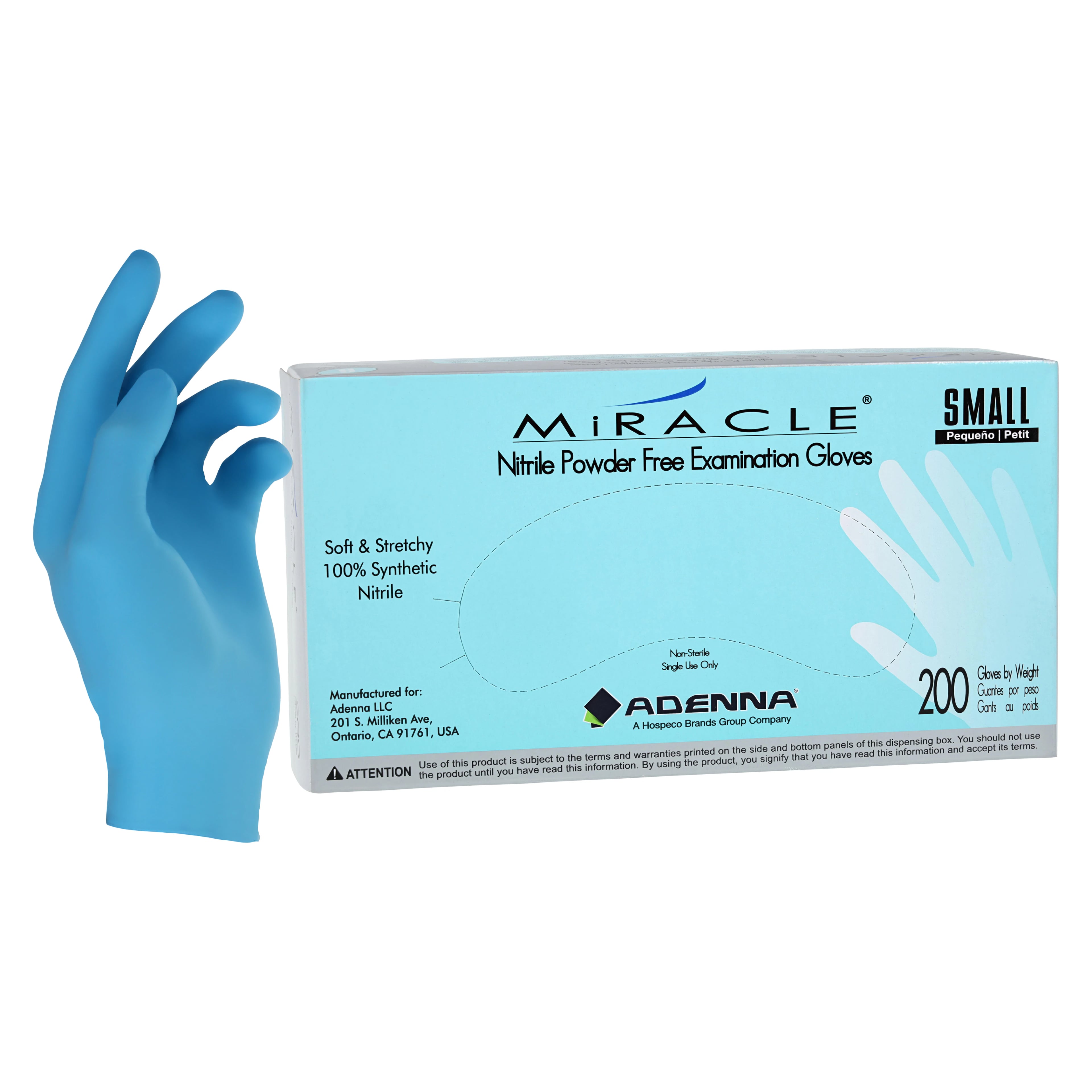 Adenna Miracle® Nitrile Exam Gloves, Powder-Free, Non-Sterile, Small, Blue, 200/Box, MIR162