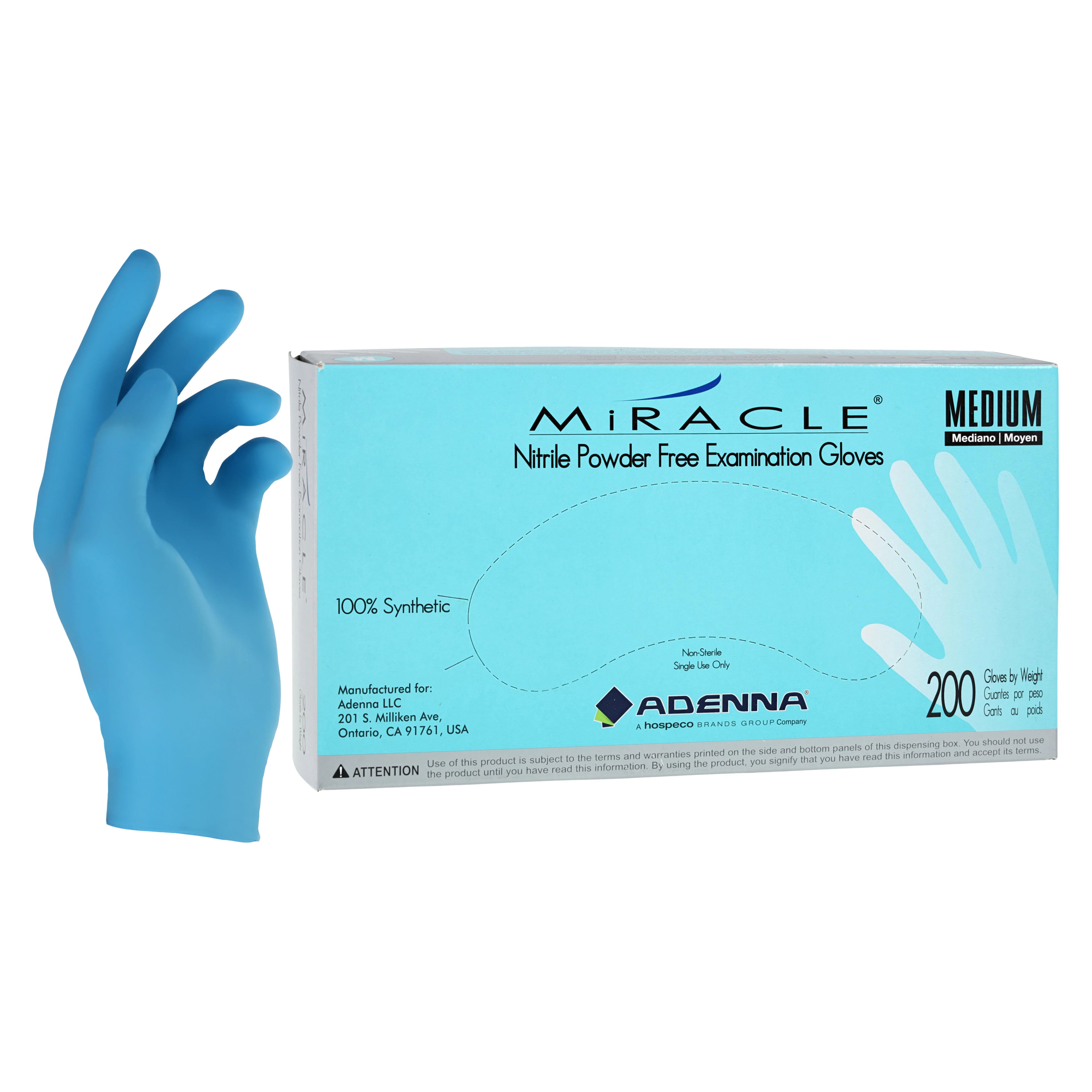 Adenna Miracle® Nitrile Exam Gloves, Powder-Free, Non-Sterile, Medium, Blue, 200/Box, MIR165