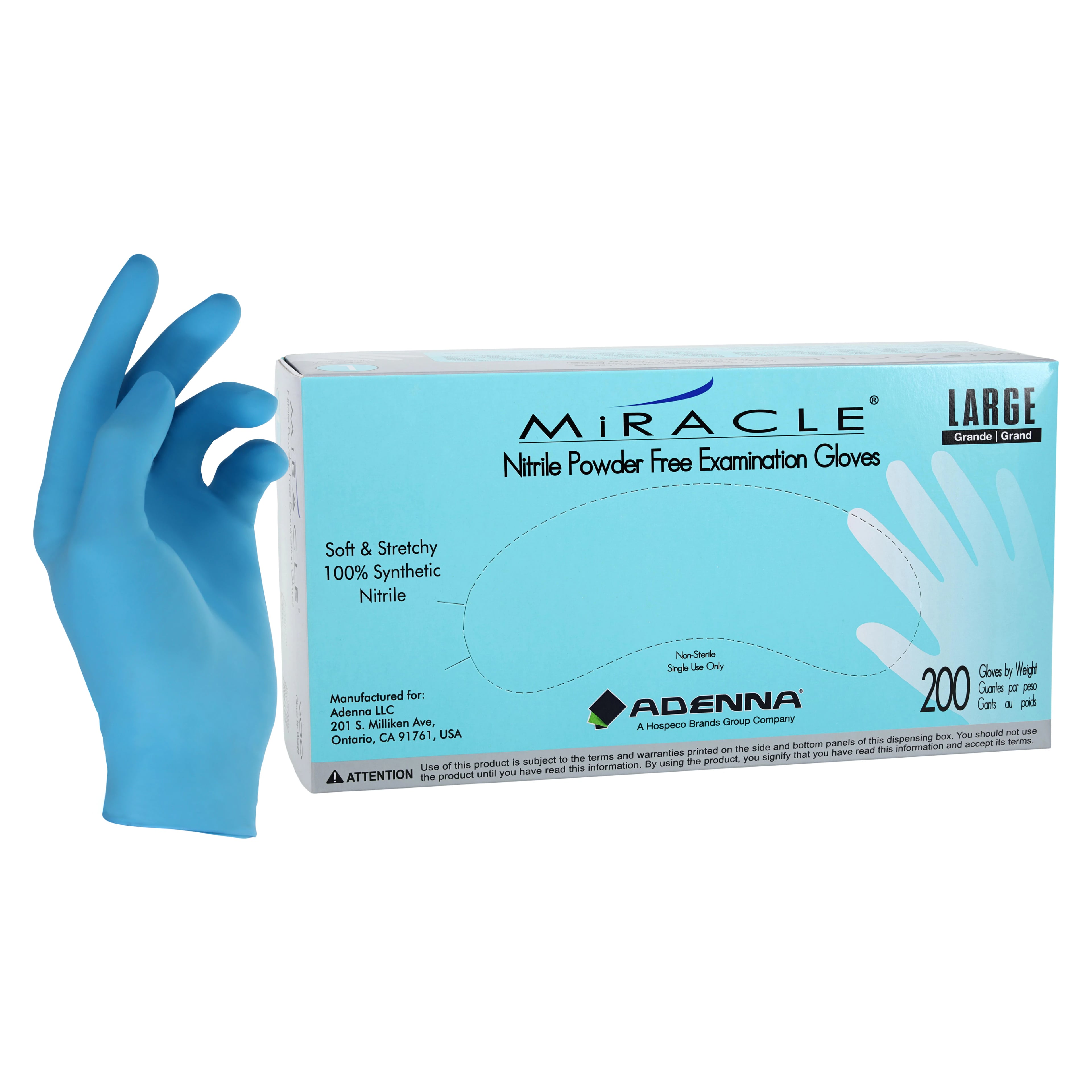 Adenna Miracle® Nitrile Exam Gloves, Powder-Free, Non-Sterile, Large, Blue, Textured, 200/Box, MIR166