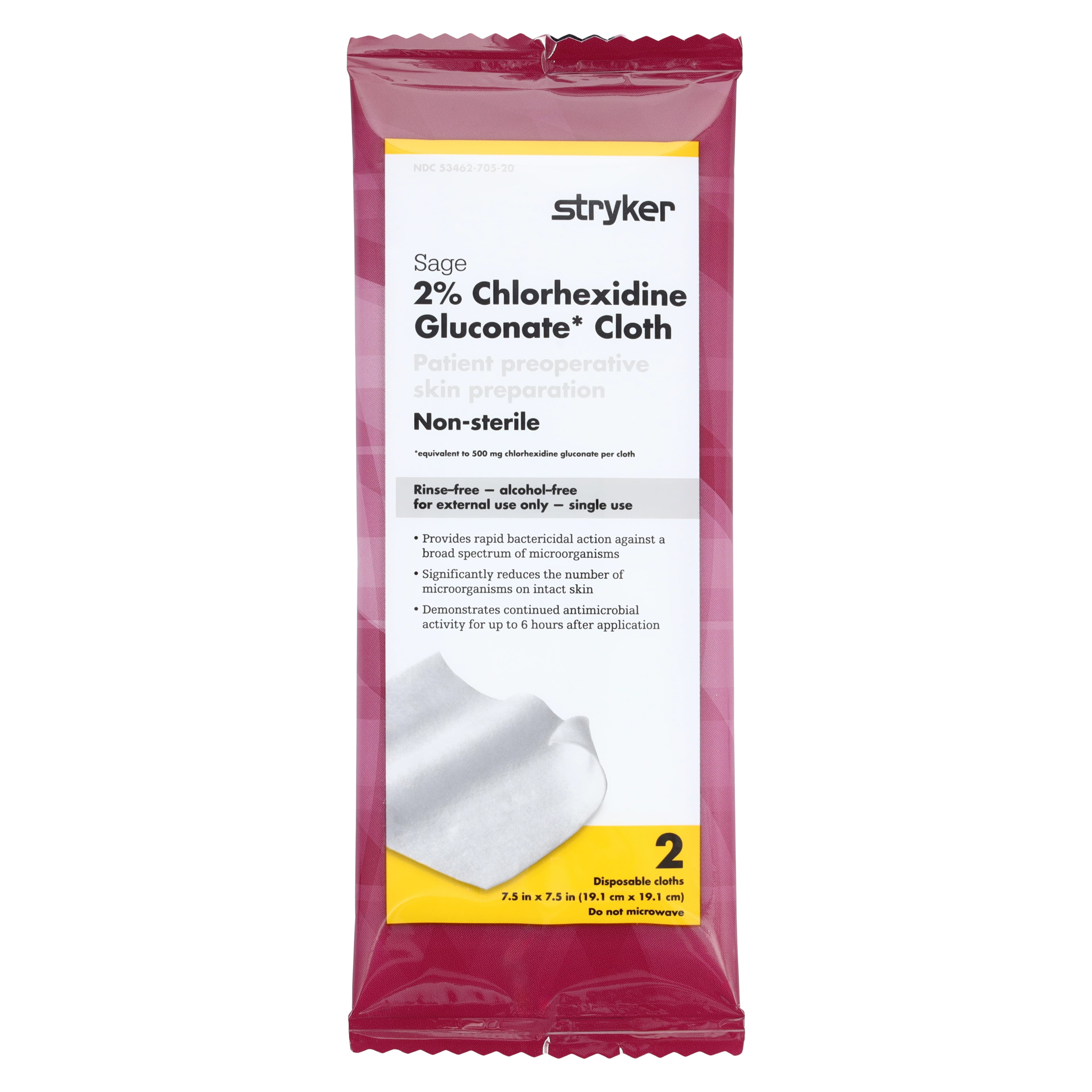 Stryker 2% Chlorhexidine Gluconate Skin Prep Cloths, Non-Sterile, 2 per Pack
