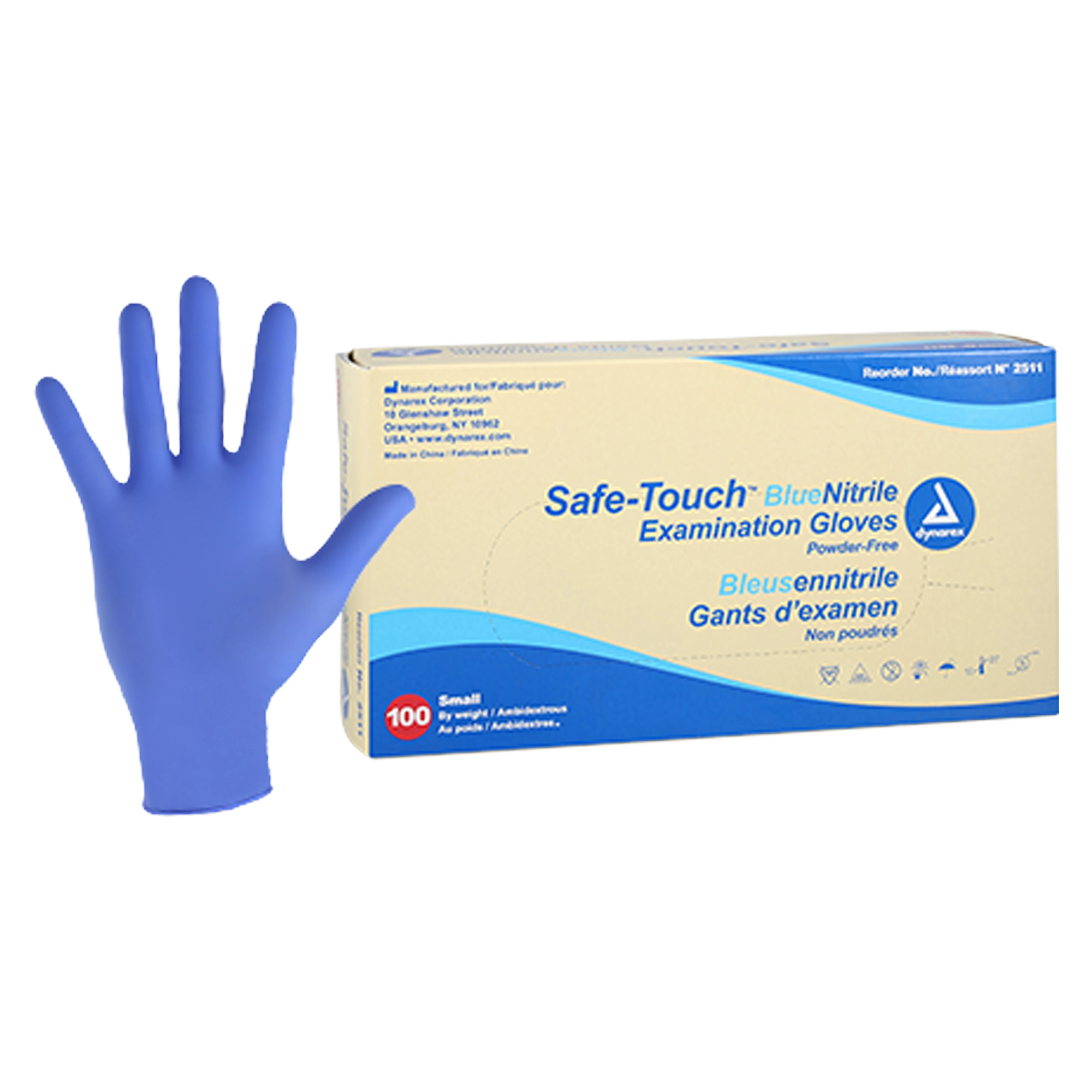Safe-Touch® Nitrile Exam Gloves, Powder-Free, Non-Sterile, Small, Blue, 100/Box, #2511
