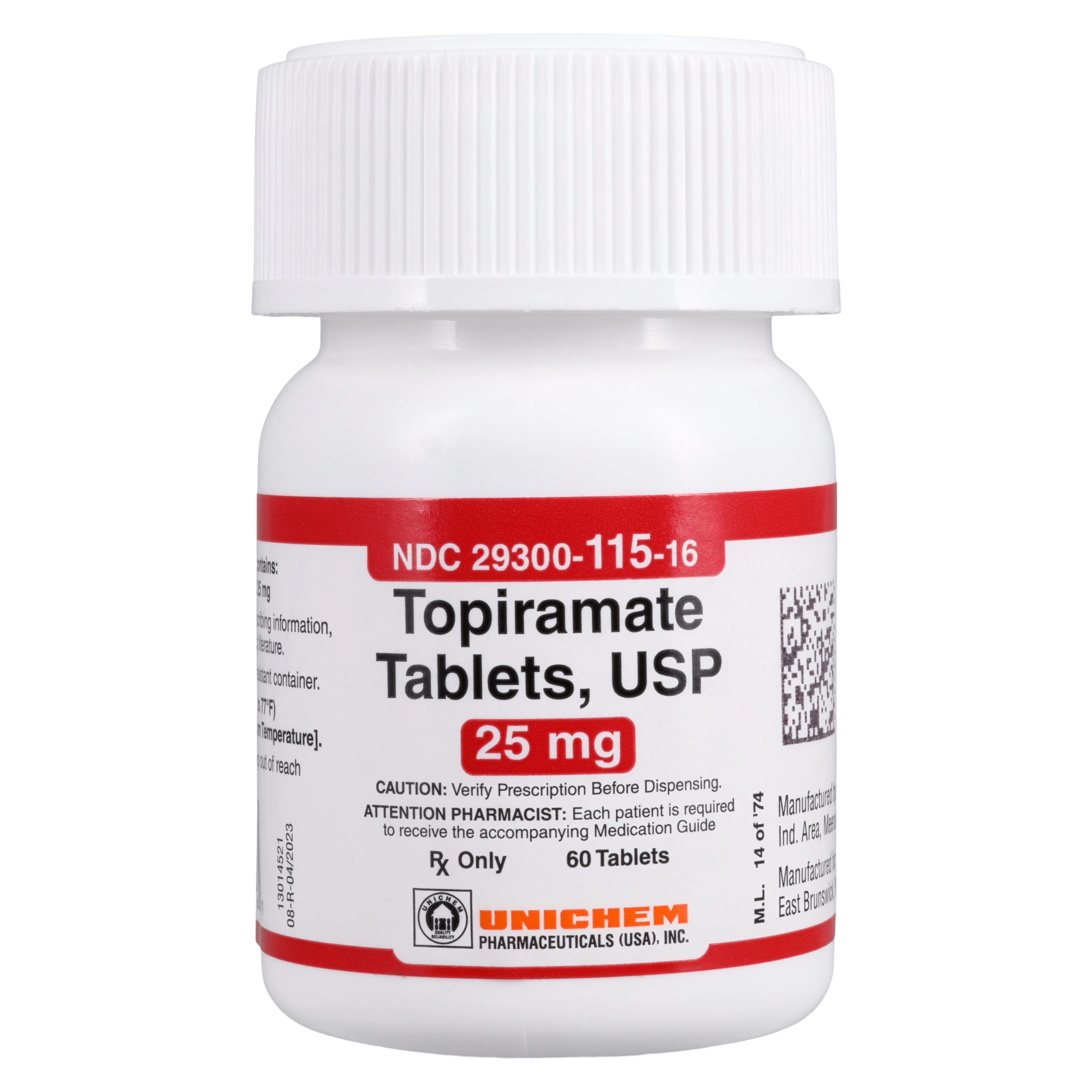 Topiramate Tablets 25mg, 60 Count Bottle (Unichem Pharmaceuticals)