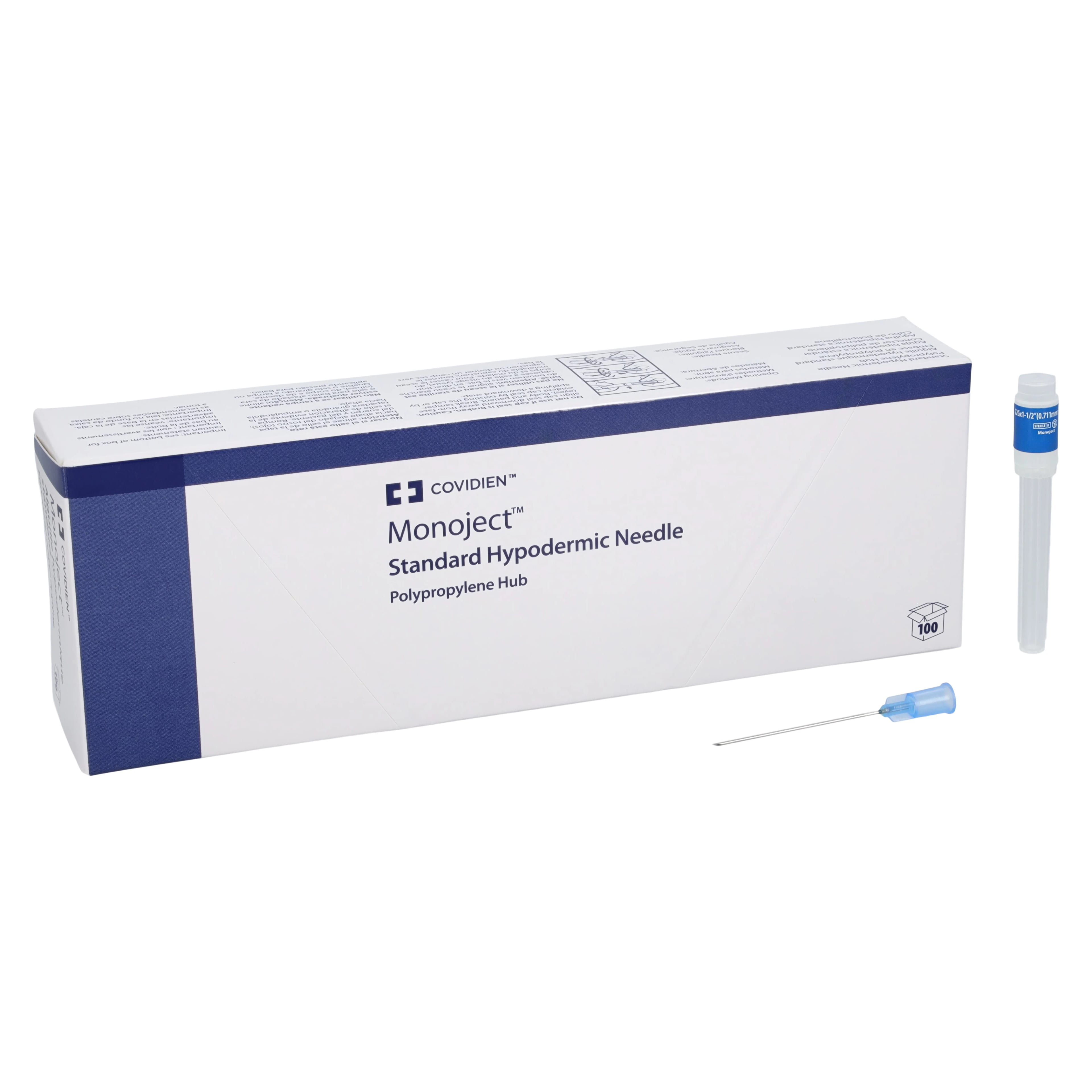 Cardinal Monoject Hypodermic Needle, 22G x 1.5", Short Bevel, Sterile, Latex-Free, Safety Tube, 100/Box