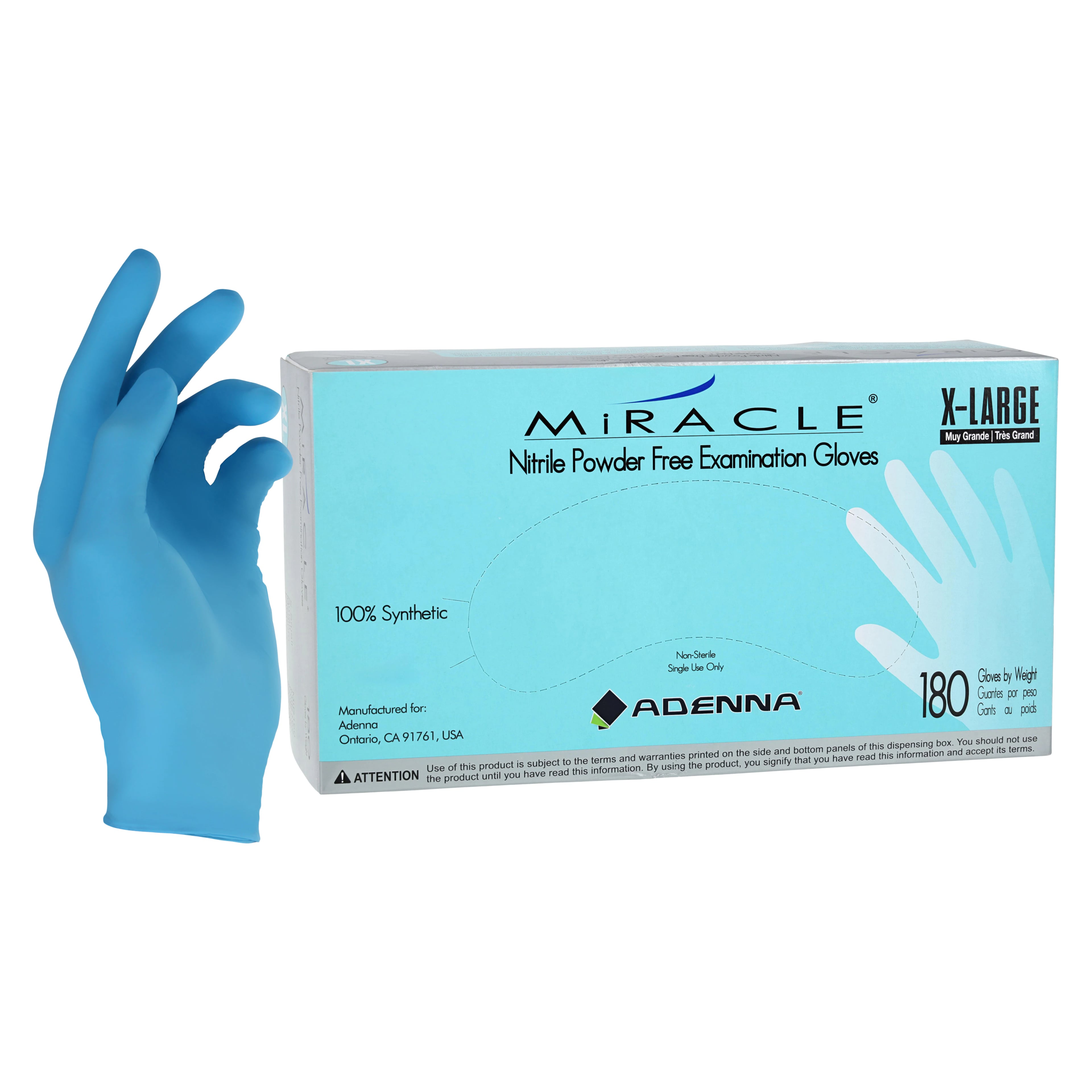 MIRACLE® Nitrile Exam Gloves, Powder Free, Non-Sterile, Extra Large, Blue, 180/Box