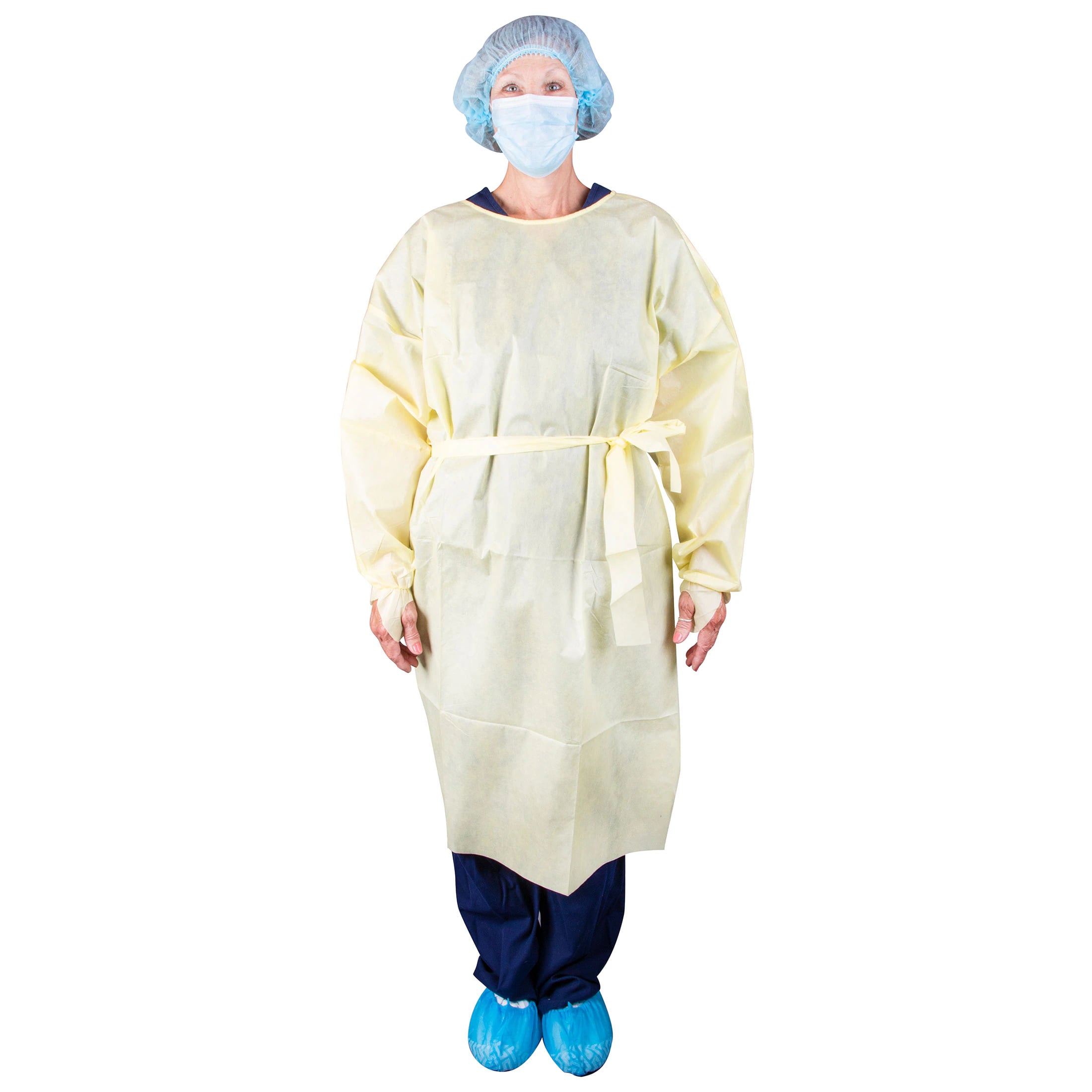 Dukal Isolation Gown Level 2 AAMI, SMS, Universal, Yellow, Elastic Thumbloop, Long Sleeves, 100/Case