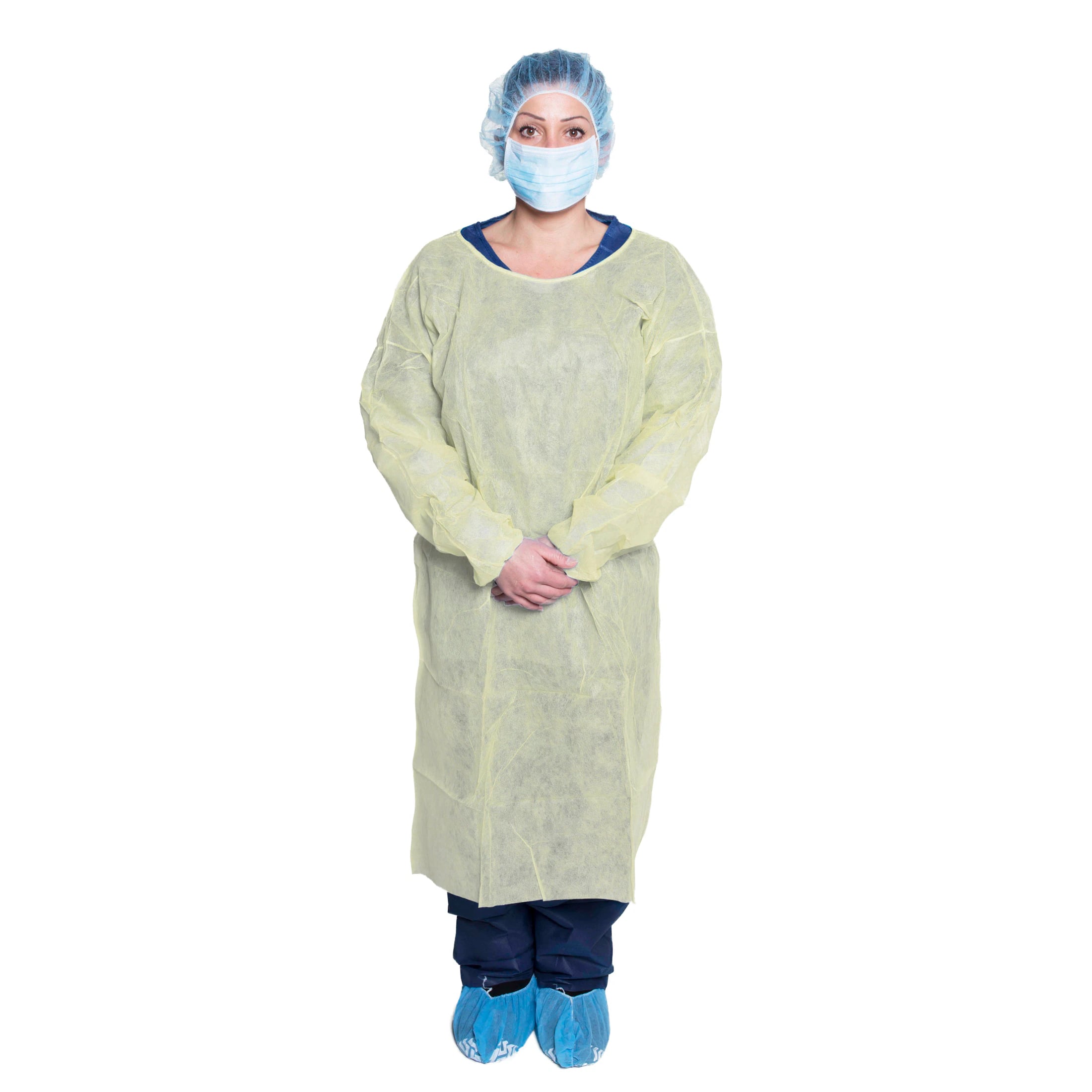 Dukal Isolation Gown with Cuff, Spunbond Polypropylene, One Size, Yellow, Non-Sterile, 50/Case