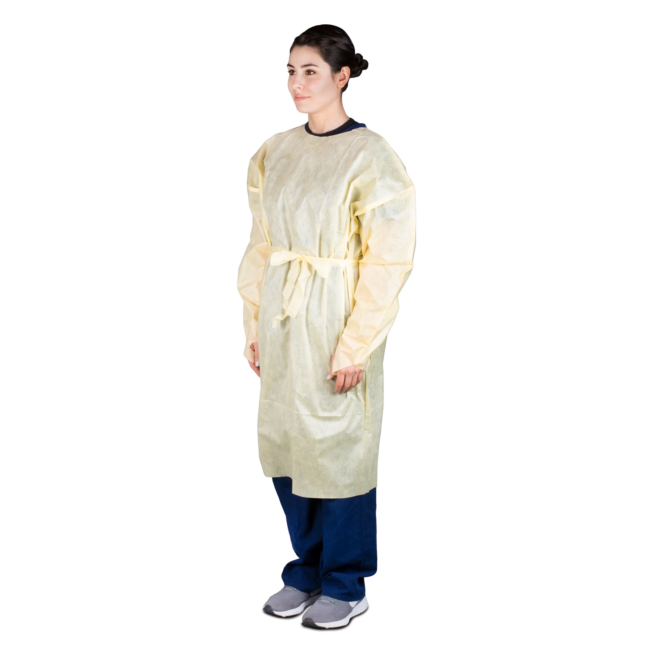 Dukal AAMI Level 2 Isolation Gown, SMS, X-Large, Yellow, Non-Sterile, Tape-Tab Neck, Thumbloop Cuff, Waist Ties, 100/Case