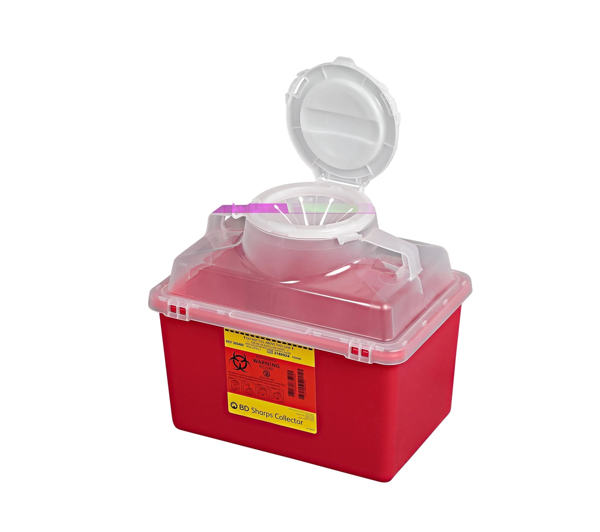 BD Multi-Use Nestable Sharps Collector, 14 Qt, Funnel Cap, Clear Top, 20/Case, 305480