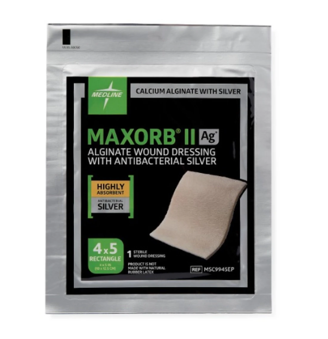 Medline Maxorb II AG Calcium Alginate/Silver Wound Dressing, 4" x 4.75", Sterile, Latex-Free