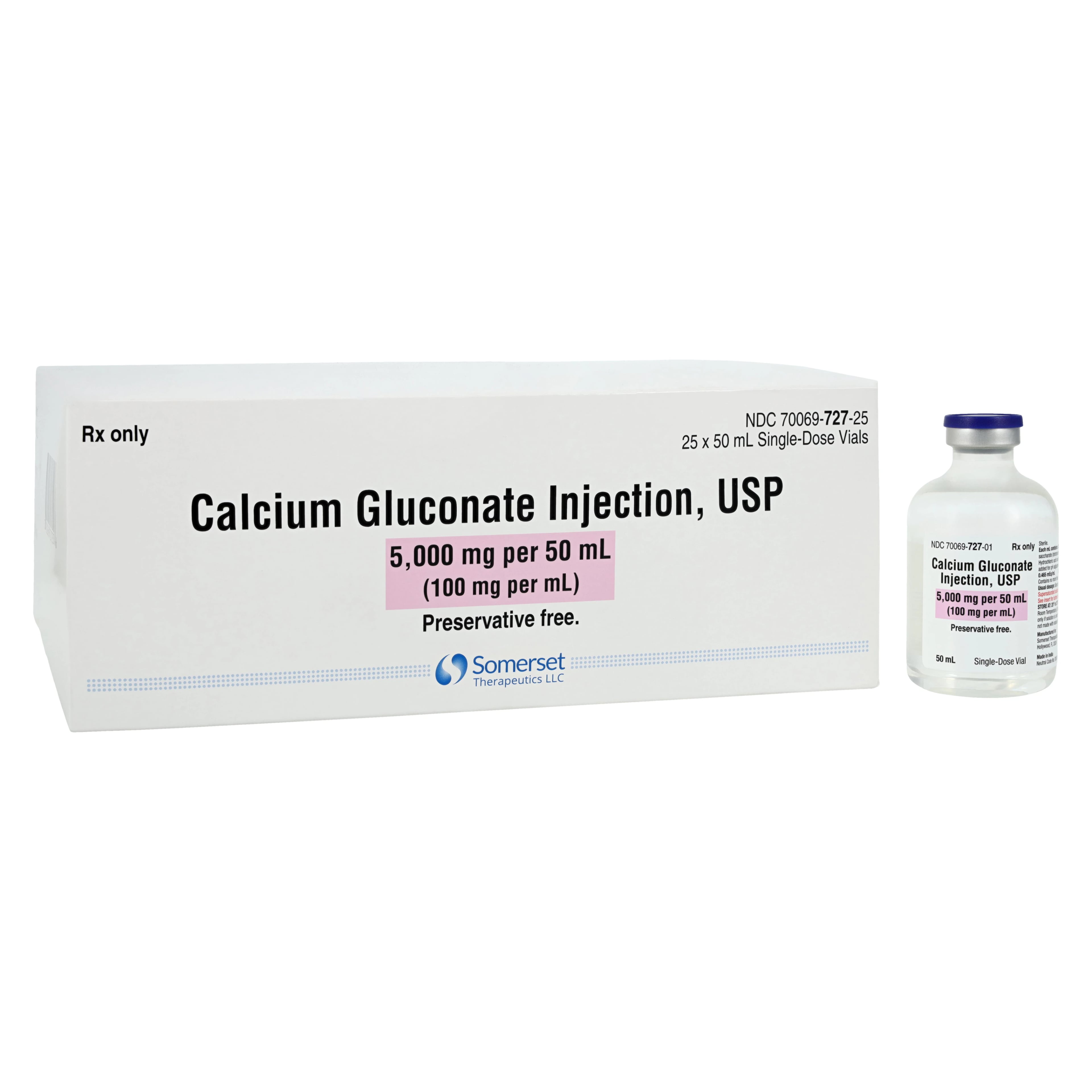 Calcium Gluconate Injection 100 mg/mL, Single-Dose Vial, 50 mL, 25/Package