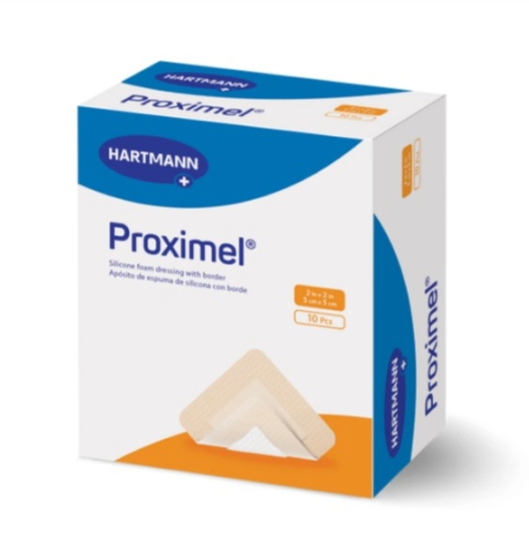 Proximel Silicone Foam Border Dressing, 2" x 2", Sterile, Adhesive, White/Tan
