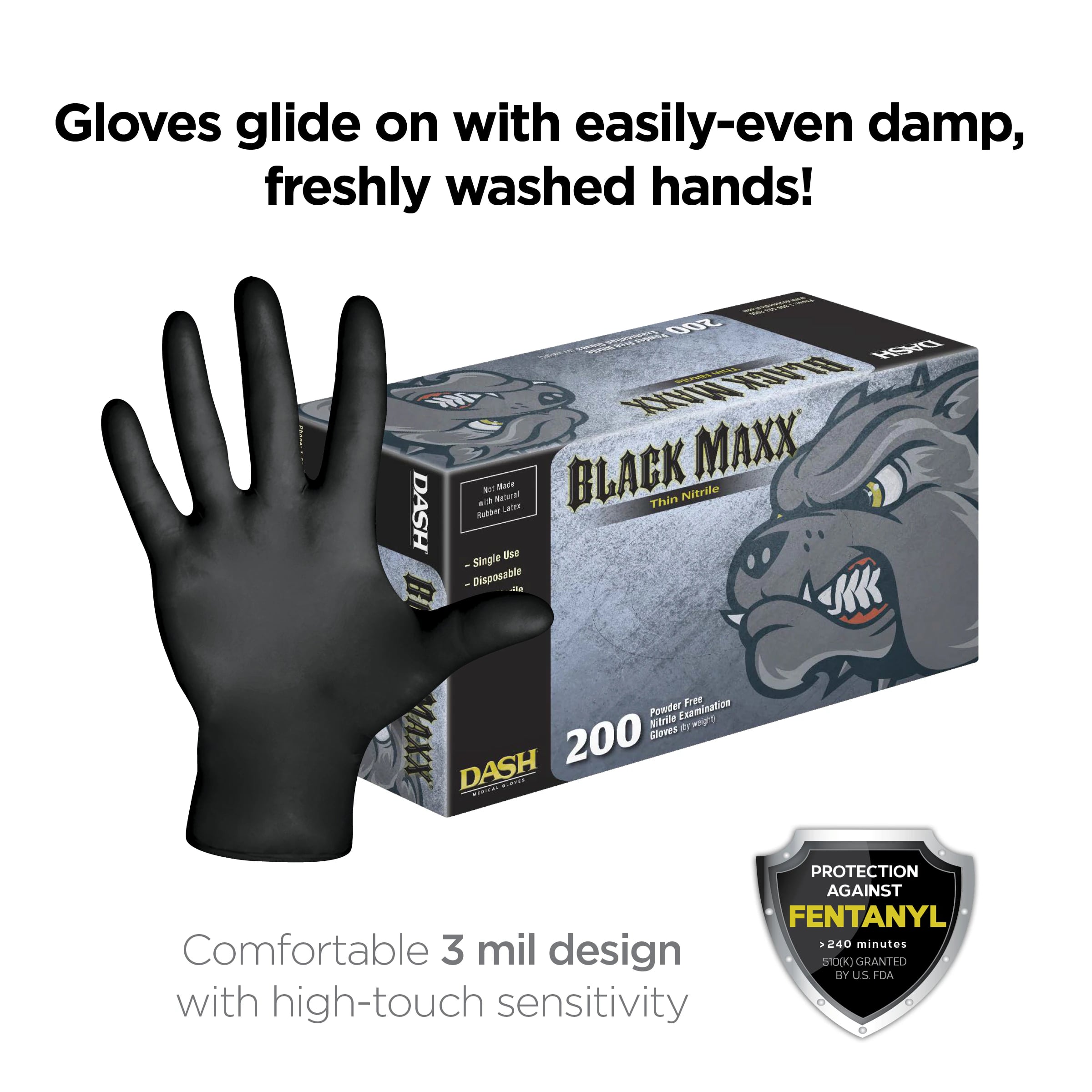 DASH Black Maxx Thin Nitrile Exam Gloves, Powder-Free, Non-Sterile, X-Large, Black, 200/Box, BMNT200XL