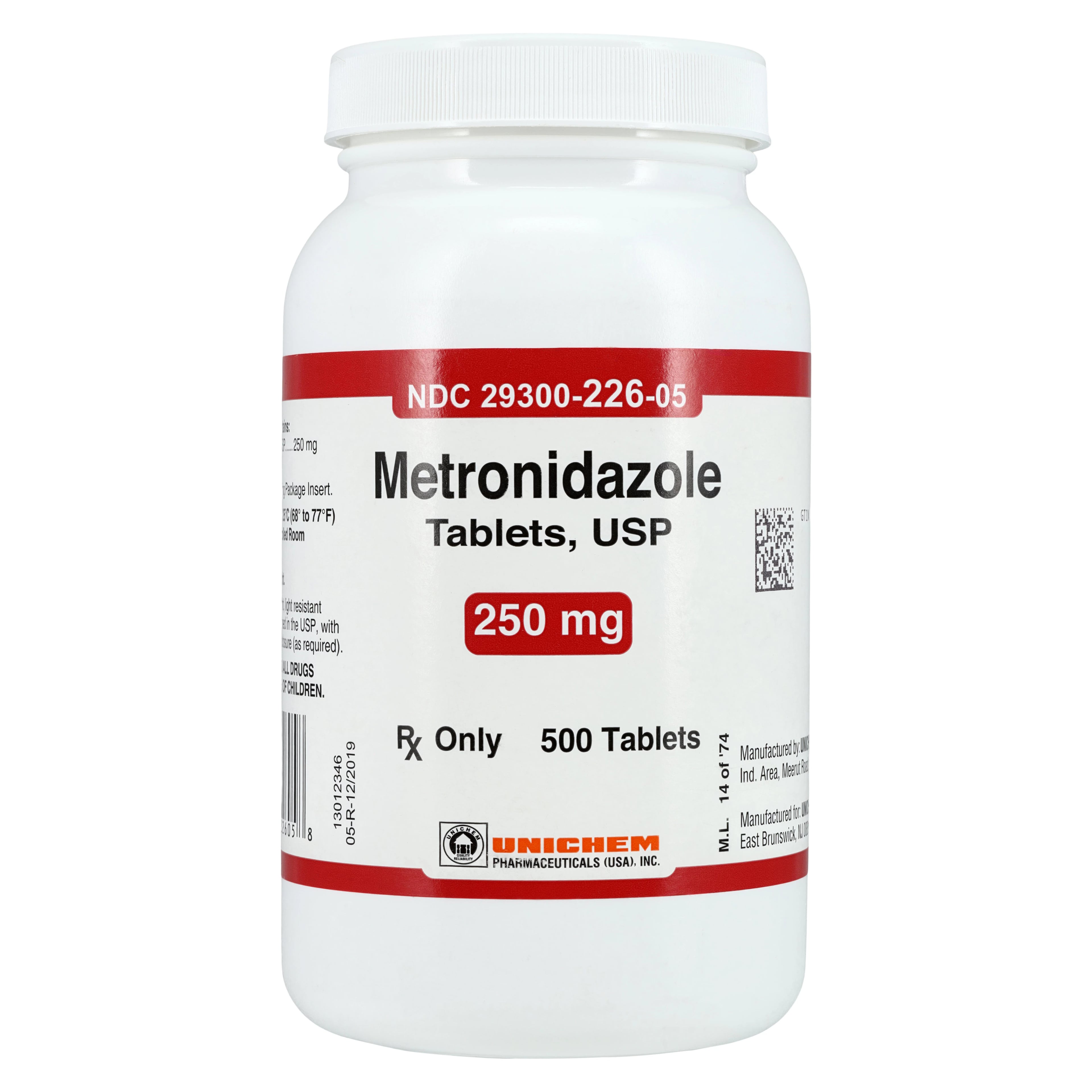 Metronidazole Tablets 250mg, 500 Count Bottle (Unichem Pharmaceuticals)