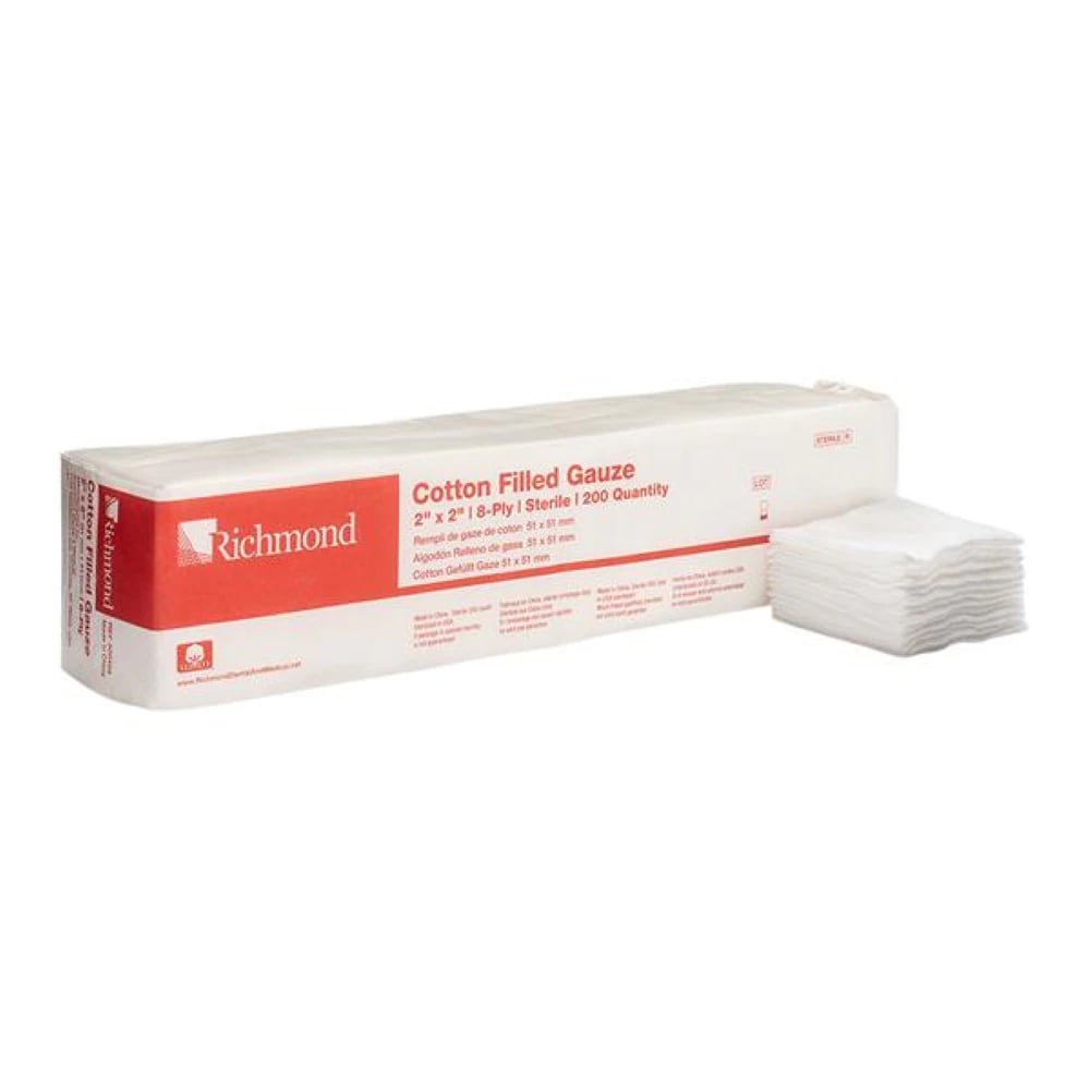 Richmond Cotton Filled Exodontia Sponges, 2" x 2", 8-Ply, Sterile, 200/Sleeve, 25 Sleeves/Case, 5000/Case, 300405
