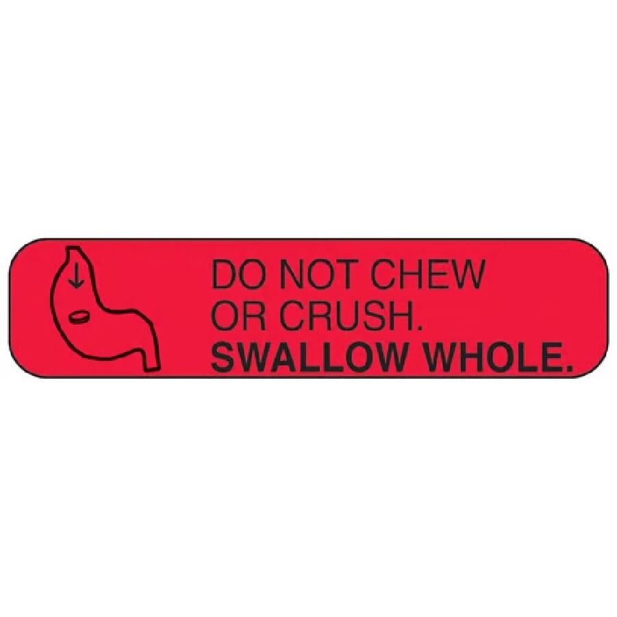 Health Care Logistics Warning Label, Do Not Chew or Crush, Swallow Whole, Red with Black Text, 1-5/8 x 3/8", 1000/Package