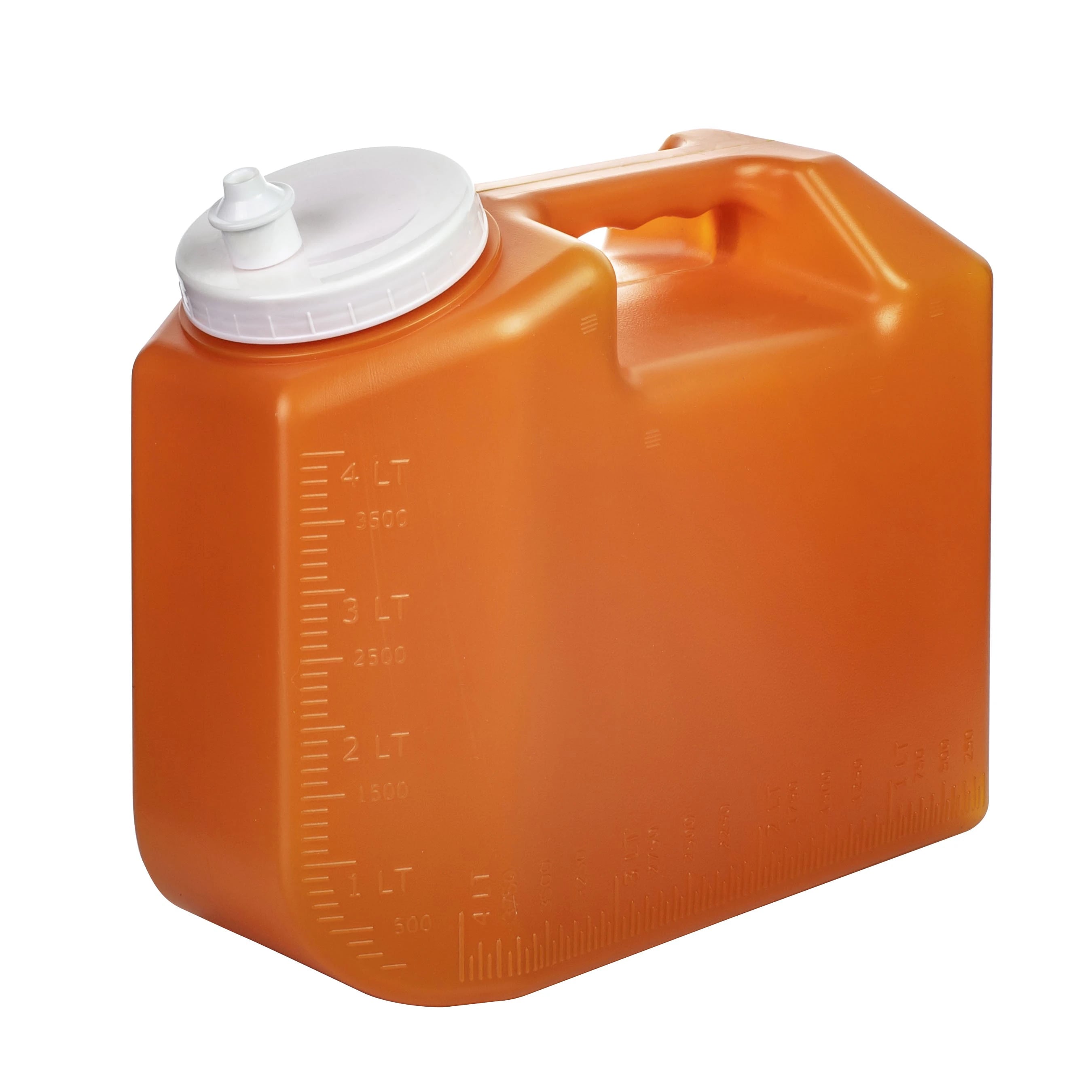 Simport Scientific URISAFE Urine Collection Container, 4L, Polypropylene, Non-Sterile, 100mL Increments, White Screw Cap, Amber, 30/Box