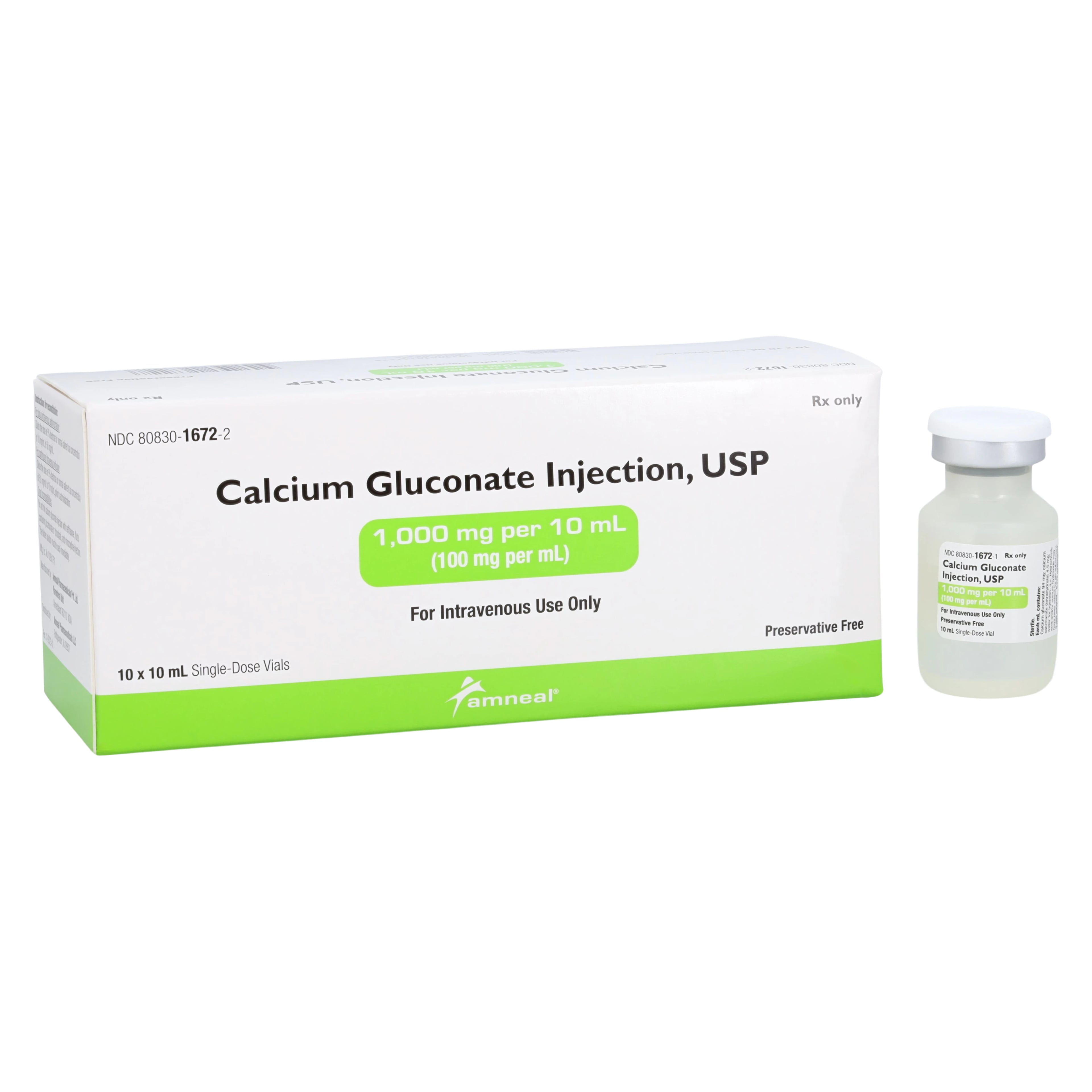 Calcium Gluconate Injection 100 mg/mL, Single-Dose Vial, 10 mL, 10/Package