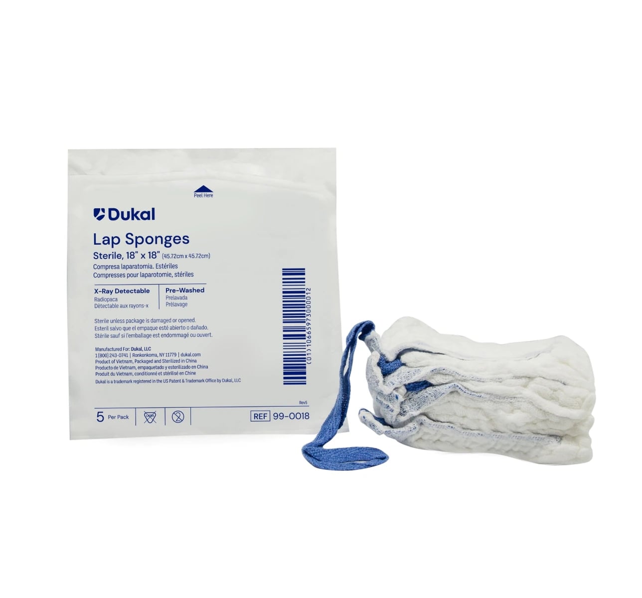 Dukal Pre-Washed Laparotomy Sponge, 18x18", Sterile, 100% Cotton, X-Ray Detectable, White, 5/Pk, 40 Pk/Case
