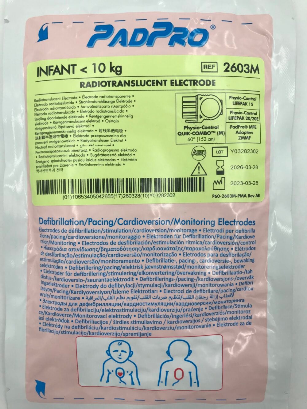 Conmed PadPro Pediatric Multifunction Defibrillation Electrode, 4.3 x 2.9 in, Hydro-Gel Adhesive, Pink, Rectangle, 10/Case