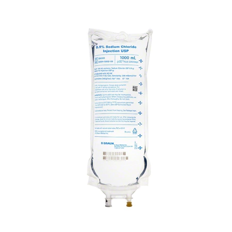 B. Braun ExcelPlus Sodium Chloride 0.9% Injection USP, 1000 mL IV Bag, DEHP-Free, Q8000