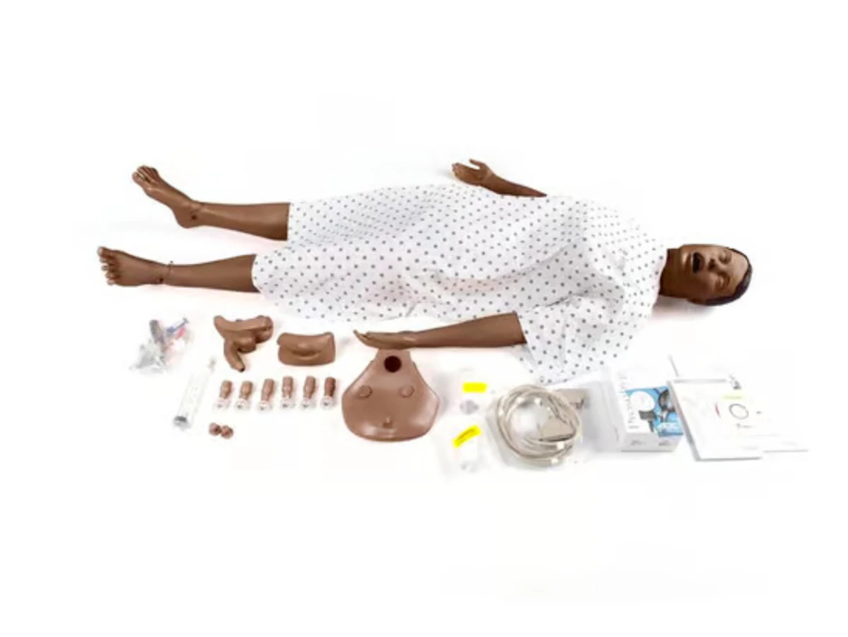 Laerdal Nursing Anne Full Body Training Manikin, Dark Skin Female Adult, with Multi-Venous IV Training Arm (Left), Blood Pressure Training Arm (Right), Blood Pressure Cuff, Male & Female Genitalia, Urinary and Anal Connector Valves, Clamps, Syringe, Lubricant, Gown, and Directions for Use
