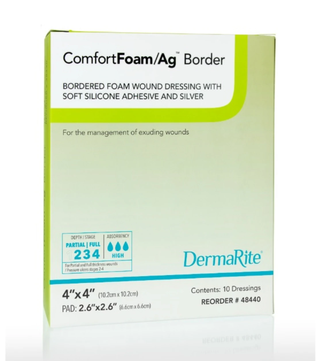 ComfortFoam/Ag Antimicrobial Foam Border Dressing, 4x4" Sterile Square, Silicone Adhesive, Self-Adherent, White/Tan, Latex-Free