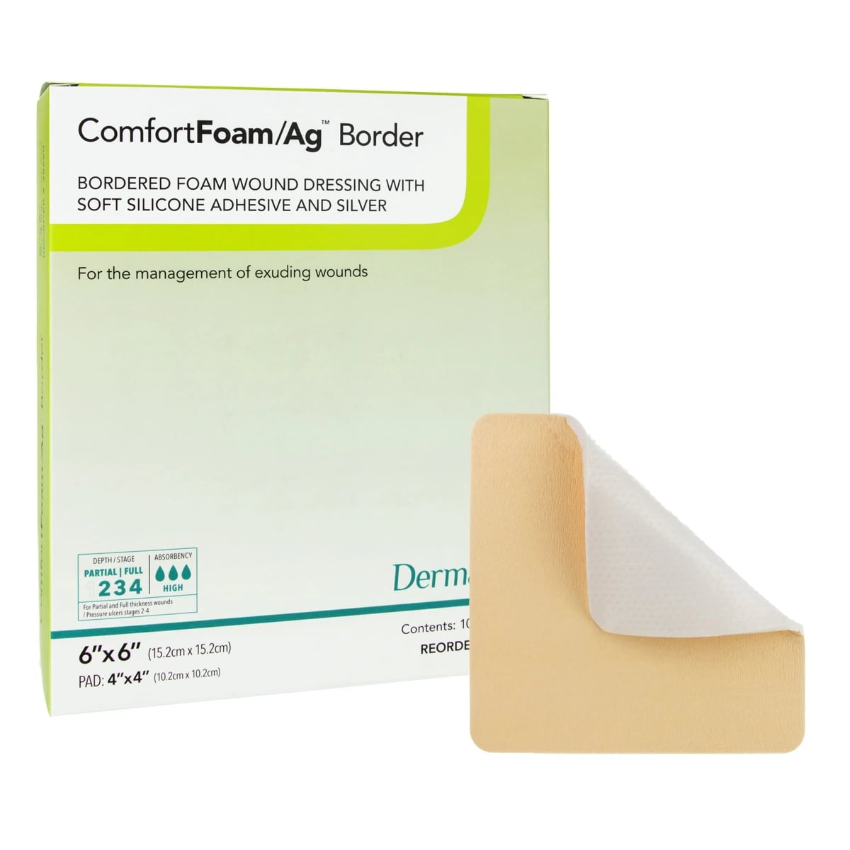 ComfortFoam/Ag Antimicrobial Foam Border Dressing, 6x6" Sterile Square, Silicone Adhesive, Self-Adherent, White/Tan, Latex-Free