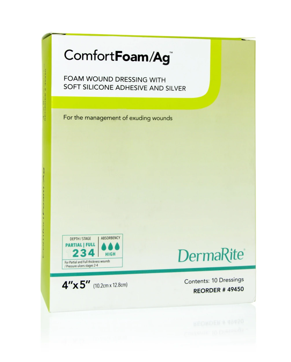 ComfortFoam/Ag Foam Non-Border Dressing, 4x5" Sterile Rectangle, Silicone Adhesive, Self-Adherent, White/Tan