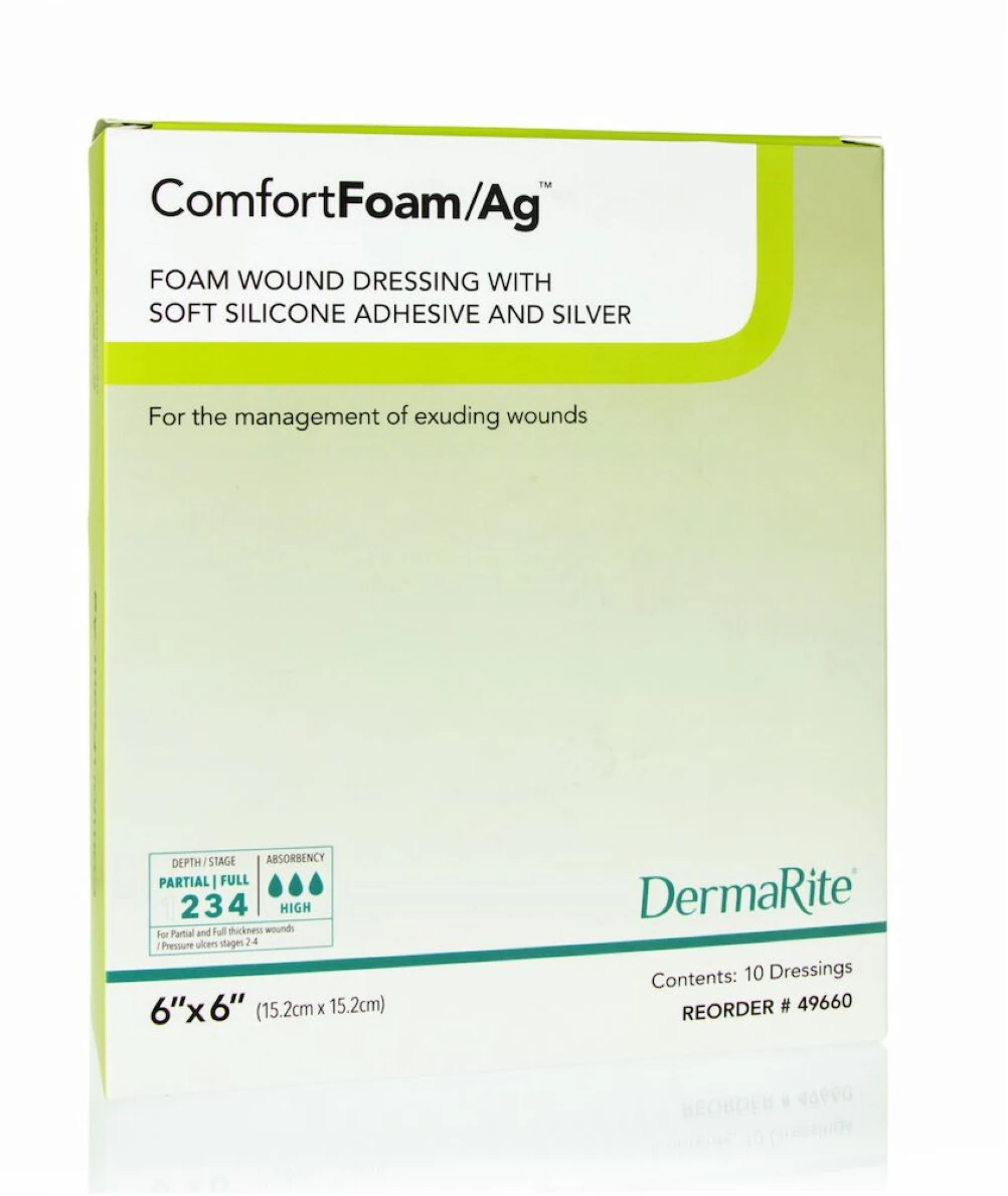 ComfortFoam/Ag Antimicrobial Foam Dressing, Non-Border, 6x6" Sterile, Silicone Adhesive, White/Tan, Latex-Free