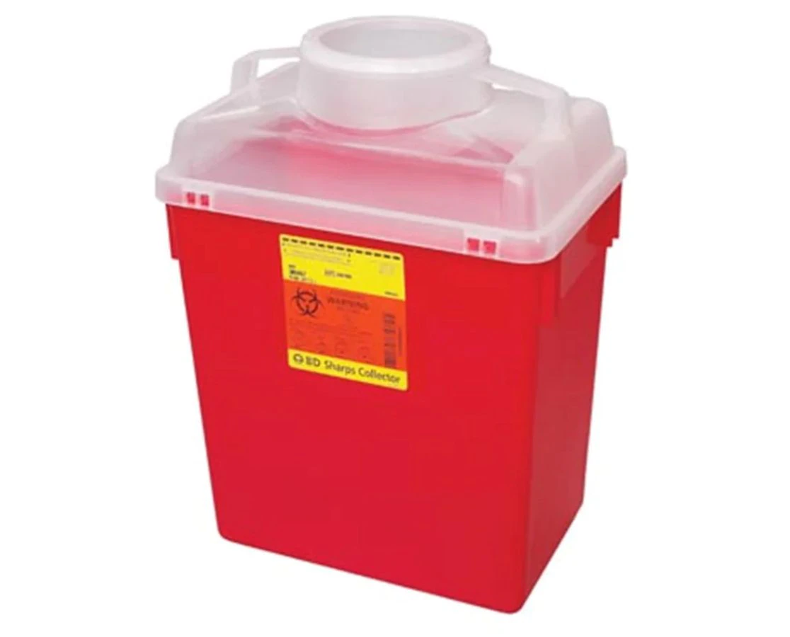 Recykleen Sharps Container, 6 Gallon, Red, 12.8 x 8.8 x 17.1", Vertical Entry Hinge Cap Locking Lid, Polypropylene, Disposable, 12/Case