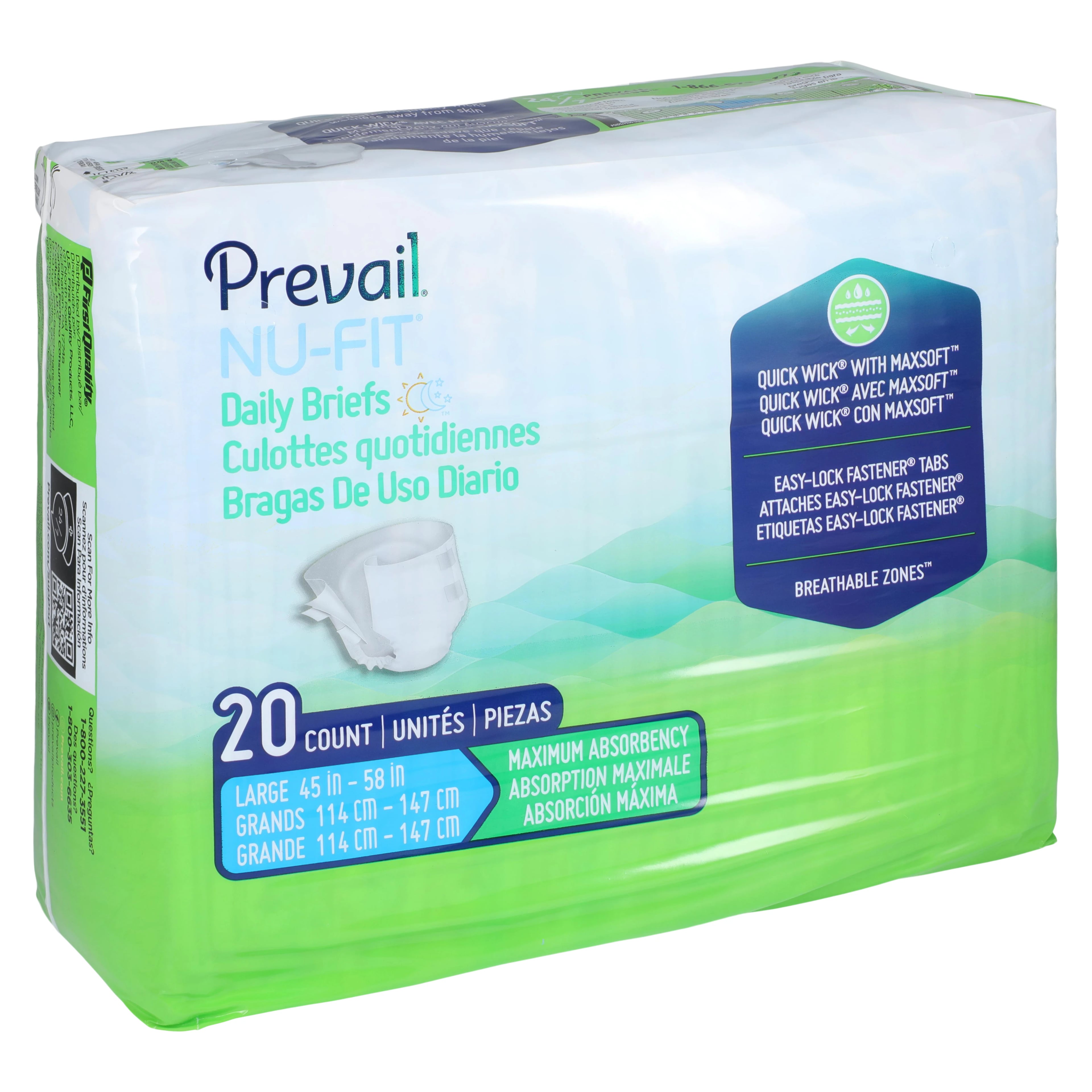 Prevail Nu-Fit Adult Incontinence Brief, Unisex, Large, 45-58" Waist, Maximum Absorbency, Refastenable Tabs, 80/Case
