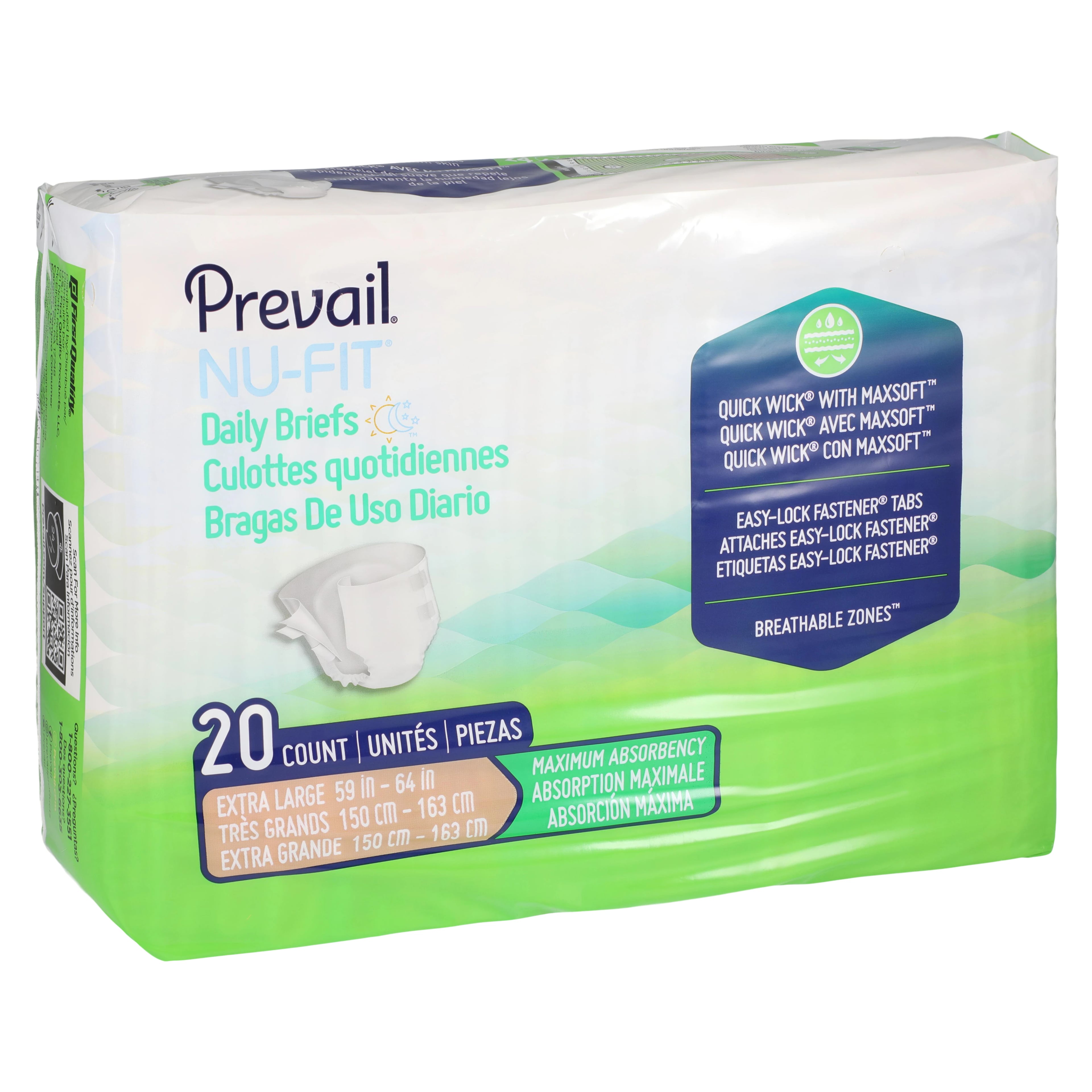 Prevail Nu-Fit Adult Incontinence Brief, Unisex, X-Large, 59-64" Waist, Heavy Absorbency, Refastenable Tabs, Beige, 80/Case