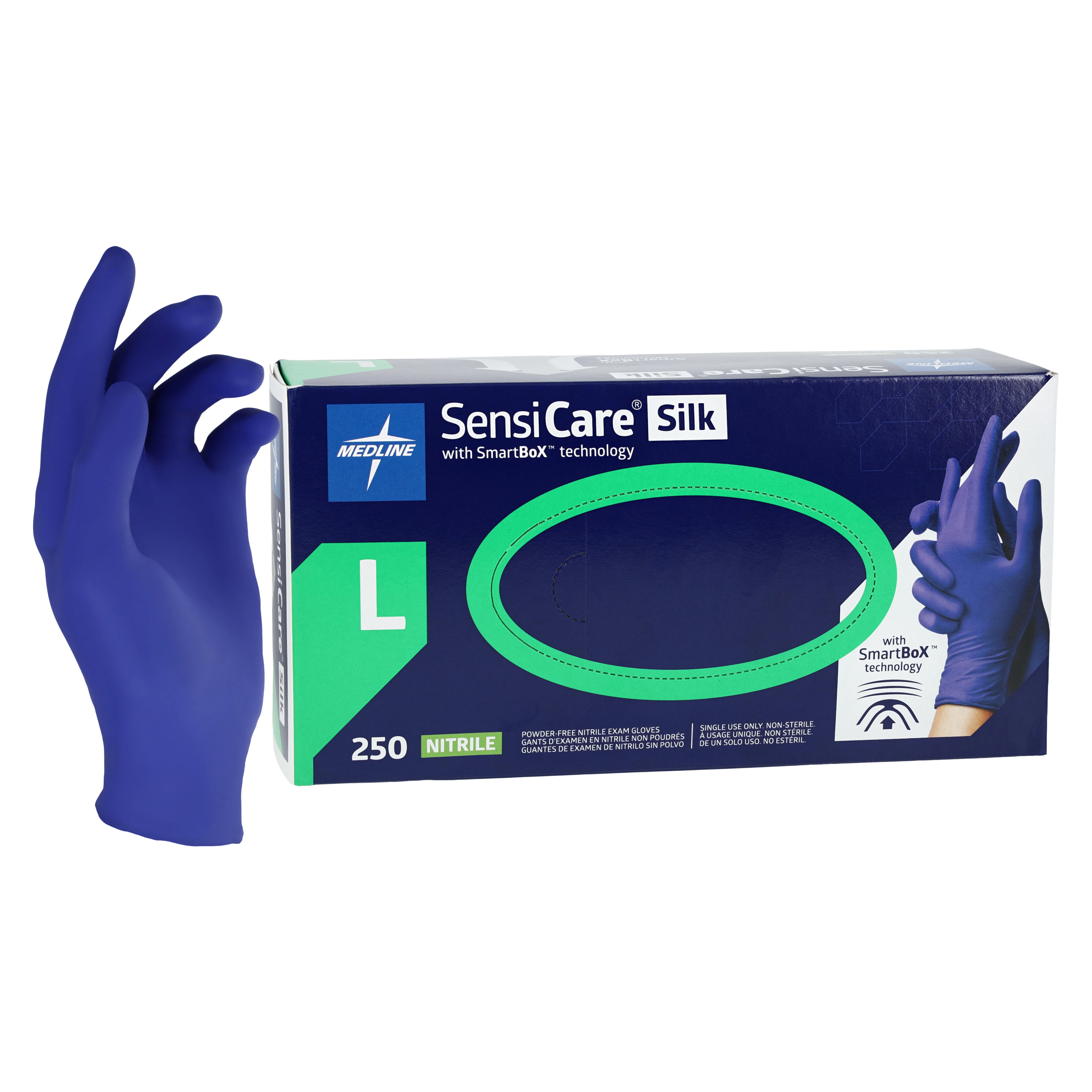 Medline SensiCare Silk Nitrile Exam Gloves, Large, Dark Blue, Non-Sterile